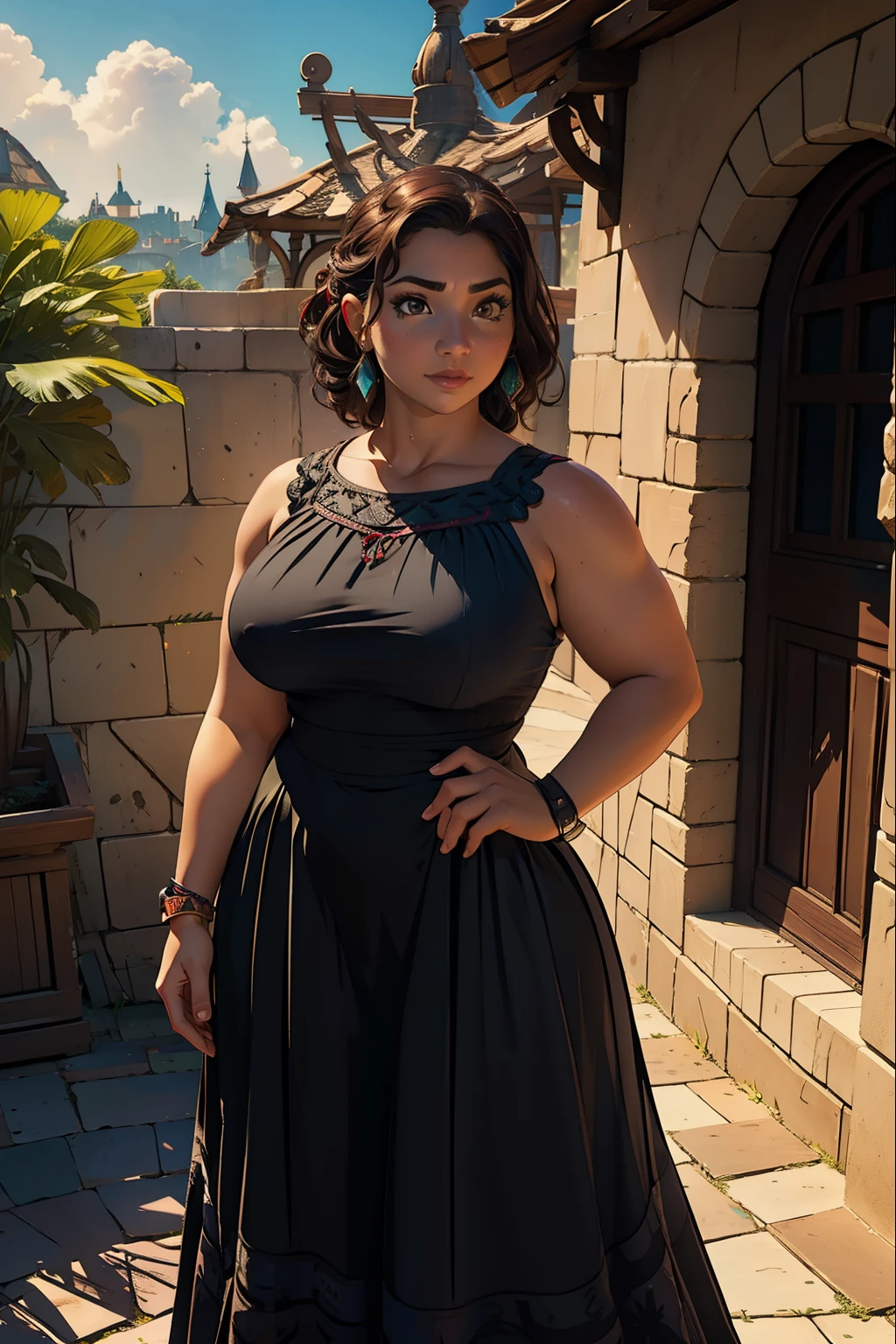 (((Luisa Madrigal from Disney's Enchanto))), toned skin, black hair, long abs (curvy) (wide hips) ((long sundress)), see-through, dark atmosphere