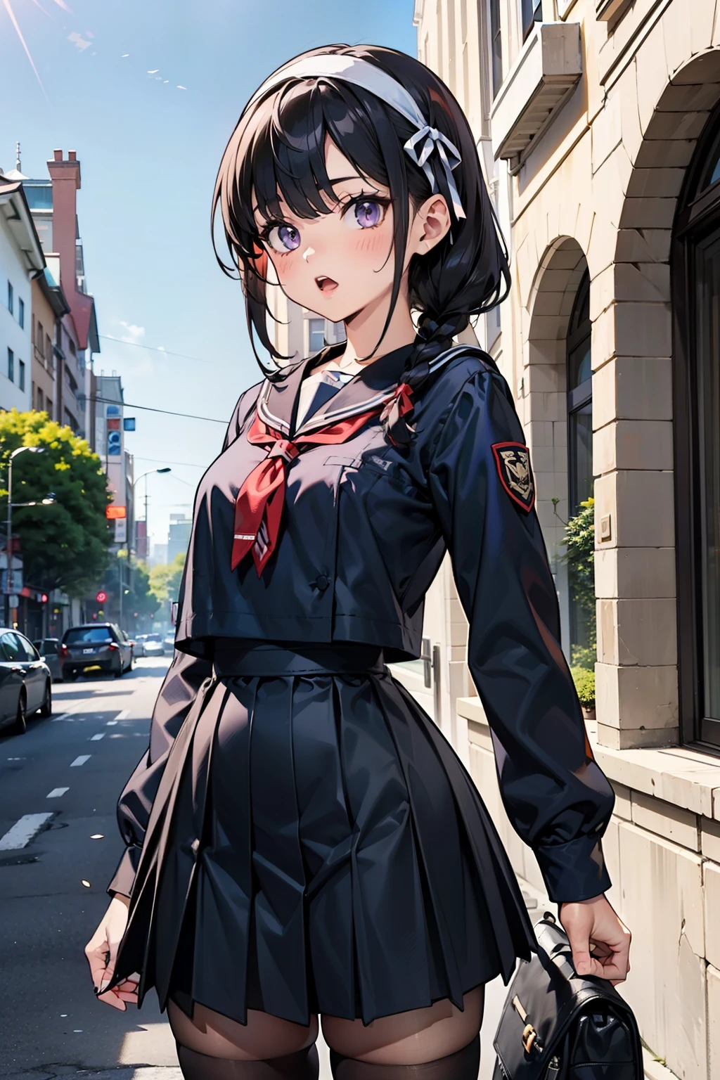 body 8 times longer than head, (Highly detailed CG unity 8k), (highest quality),(very detailed),(ultra high resolution), black hair, navy blue sailor uniform, Dark blue skirt, navy blue sailor uniformを着た女子高生, Anime 2D rendering, realistic young anime high school girl, (White headband), purple eyes, small breasts, tall, slanted eyes, school scenery, black stockings, bright color, open your mouth a little, braid hair, Tie your hair with a white ribbon, Photographing flowers with a smartphone,
