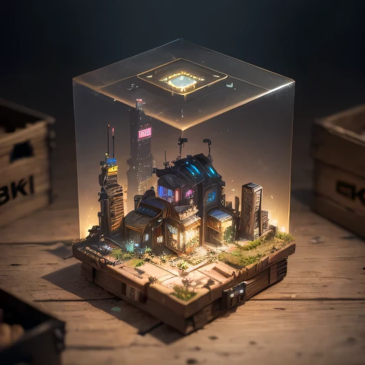 small realistic model, (8k, original photo, best quality, masterpiece:1.4),Steampunk Cyberpunk City,(Cyberpunk light:1.3),on the table,horizon (related to land),(in a small nature box:1.3),Isometric, small nature, landscape on foundation,landscape,