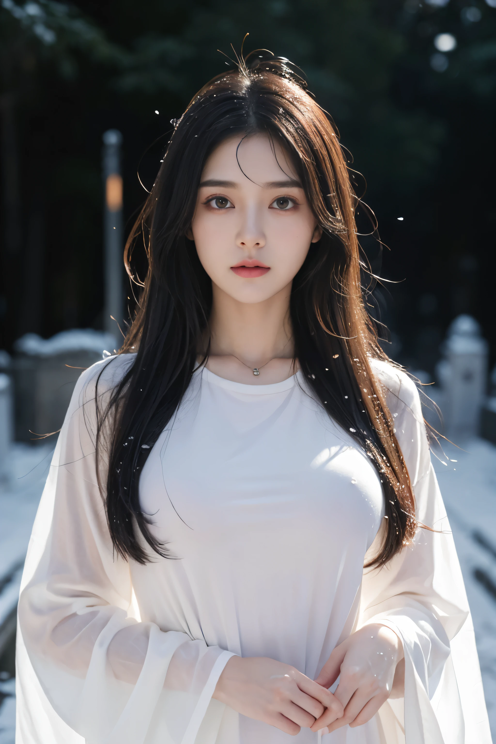 (top-quality,masterpiece:1.3,超A high resolution,),(ultra-detailliert,Caustics),(Photorealsitic:1.4,RAW shooting,)Ultra-realistic capture,A highly detailed,high-definition16Kfor human skin、(Large breast) ((Jewelry)) ,Hair ornament , Necklace ,Skin texture is natural, The skin looks healthy with an even tone、 Use natural light and color, 1 gosht girl 25 years old , (( very long hair )), white body press t-shirt, tight_shirt, ((Street Cemeteries)), (Spooky atmosphere), smoke arround Scary atmosphere, smoke arround,(photorealistic:1.2), (ultra realistic:1.3), (very detailed:1.1), ((masterpiece)), super big round breast, (wearing white gosht clothes ), large breasts , ((wet thin clothes)) , (( wet body )) ,japanes,,kawaii,A dark-haired,Middle hair,(depth of fields、chromatic abberation, Wide range of lighting、Natural Shading、)、(Exterior light at night:1.4)、(Falling snow:1.3)、(Hair swaying in the wind:1.2)、(Light reflecting snow:1.0) ,full scary mood expression , Blank stare, sad expression, scary, (( gosht mood )), thick smoke, camera from front