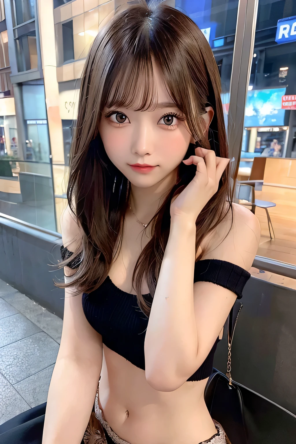 (8K, RAW photo:1.2)detailed face and eyes,highest quality, ultra high resolution, very detailed ,intricate details ,Cute girl about 20 years old, hyper detail,focus clearly on the chest, (beautiful brown hair), (long hair), ⦅White fluffy off-shoulder knit⦆、⦅mini skirt⦆、(black boots)(cleavage is visible)(The whole body is reflected)⦅Sexy bare feet⦆(random pose)(random facial expressions)⦅beautiful feet⦆⦅The background is the city at night⦆(Visible underwear and invisible underwear)