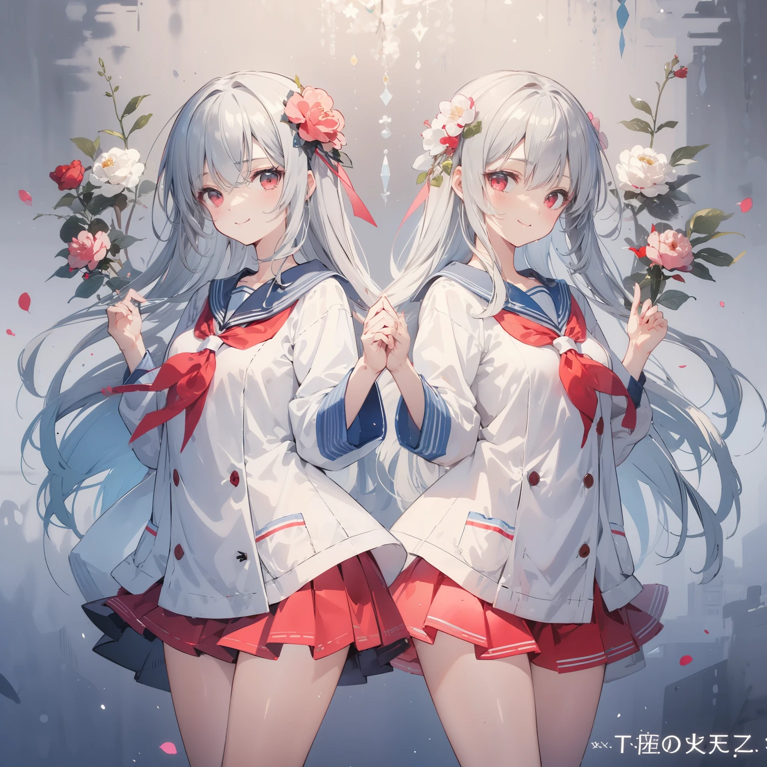 white and red motif, gray hair, long hair, beautiful hair, camellia images, Camellia flower, light red eyes, sailor suit, white and red sailor suit, red skirt, Cool cute and cool composition, Hand-made camellia hair ornament. Depth of bounds written; background Camellia flower; beautiful, ソフトAn illustration, watercolor style, Fluffy smile、An illustration