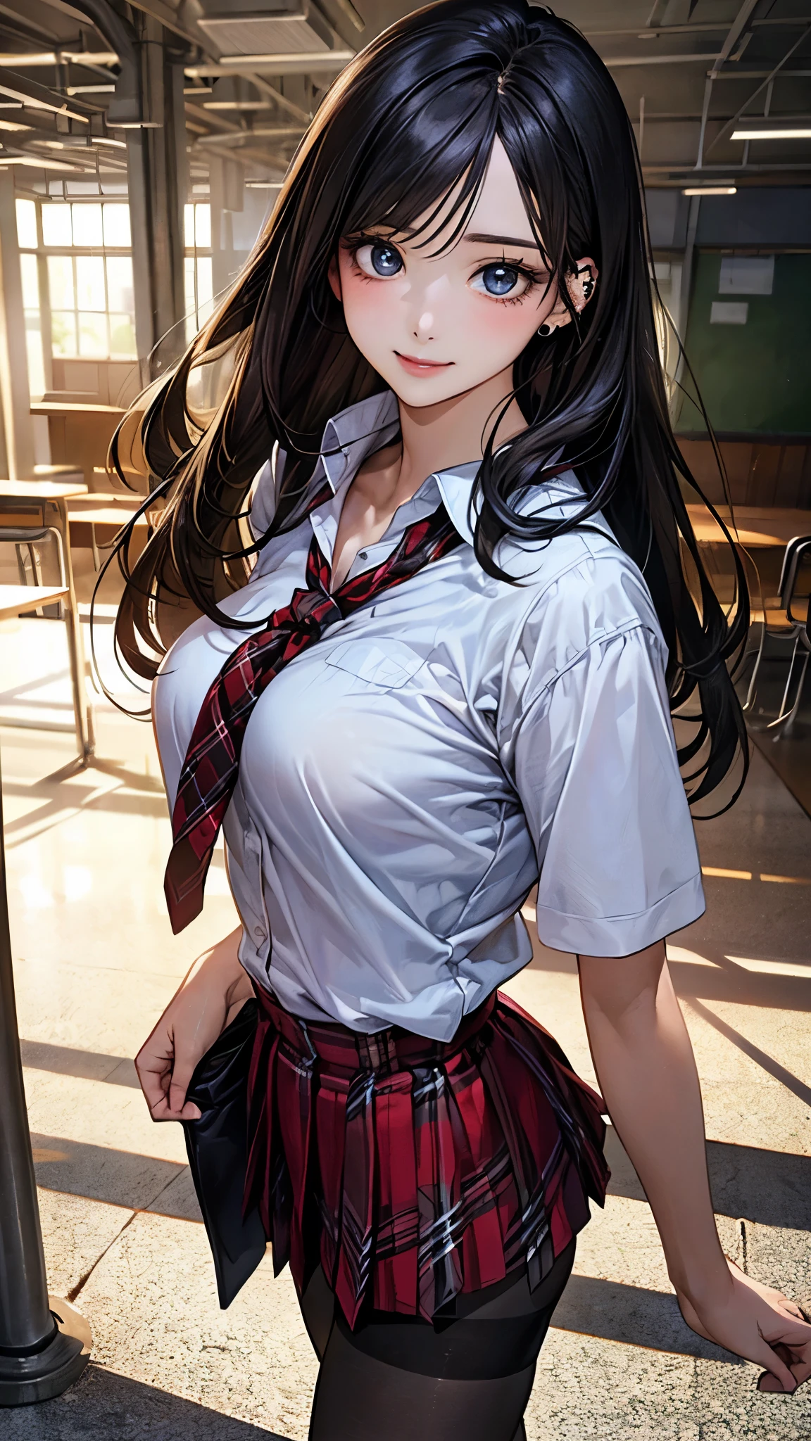 (masterpiece:1.2, top-quality), (realistic, photorealistic:1.4), beautiful illustration, (natural side lighting, movie lighting),
looking down at viewer, from below:1.2, 1 girl, japanese, high school girl, perfect face, cute and symmetrical face, shiny skin, babyface,
(long hair, straight hair, hairpin, black hair), swept bangs, blue eyes, big eyes, drooping eyes, (middle breasts, seductive thighs, big ass), piercings,
beautiful hair, beautiful face, beautiful detailed eyes, beautiful clavicle, beautiful body, beautiful chest, beautiful thigh, beautiful legs, beautiful fingers, five fingers,
(((black collared shirt), red plaid pleated miniskirt, red tie), black pantyhose),
(beautiful scenery), evening, school hallway, walking, (lovely smile, upper eyes),