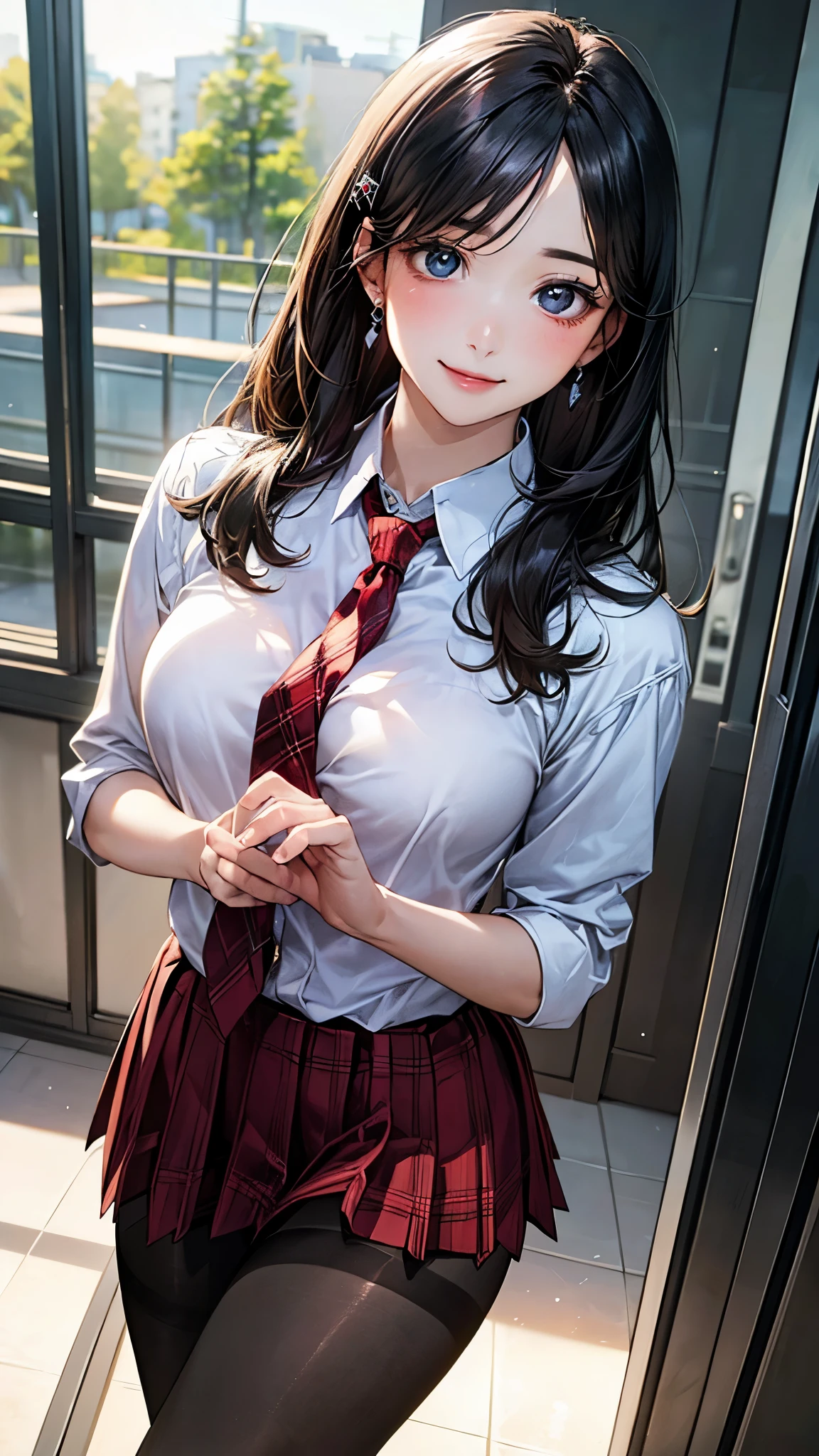 (masterpiece:1.2, top-quality), (realistic, photorealistic:1.4), beautiful illustration, (natural side lighting, movie lighting),
looking down at viewer, fullbody, 1 girl, japanese, high school girl, perfect face, cute and symmetrical face, shiny skin, babyface,
(long hair, straight hair, hairpin, black hair), swept bangs, blue eyes, big eyes, drooping eyes, (middle breasts, seductive thighs, big ass), piercings,
beautiful hair, beautiful face, beautiful detailed eyes, beautiful clavicle, beautiful body, beautiful chest, beautiful thigh, beautiful legs, beautiful fingers, five fingers,
((white cute blazer, (black collared shirt), red plaid pleated miniskirt, red tie), black pantyhose), navy school bag,
(beautiful scenery), evening, school hallway, (nioh standing), open legs, crossed arms, (ook down on with disdain, close mouth),