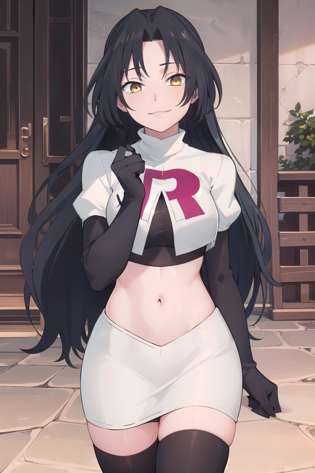 (extremely detailed CG unity 8k wallpaper),(masterpiece),(best quality),(ultra-detailed),(best illustration),(best shadow),(absurdres),  dominique, 1girl, black hair, solo, long hair, yellow eyes, smile, looking at viewer, jewelry, team rocket,team rocket uniform,white skirt,red letter R,crop top,black thigh-highs,black elbow gloves