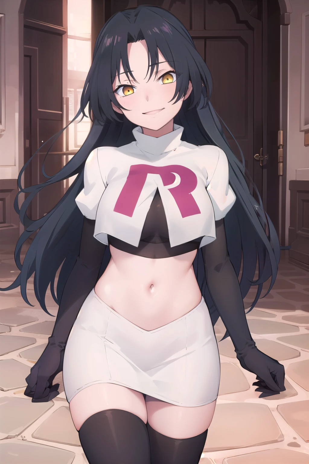 (extremely detailed CG unity 8k wallpaper),(masterpiece),(best quality),(ultra-detailed),(best illustration),(best shadow),(absurdres),  dominique, 1girl, black hair, solo, long hair, yellow eyes, smile, looking at viewer, jewelry, team rocket,team rocket uniform,white skirt,red letter R,crop top,black thigh-highs,black elbow gloves