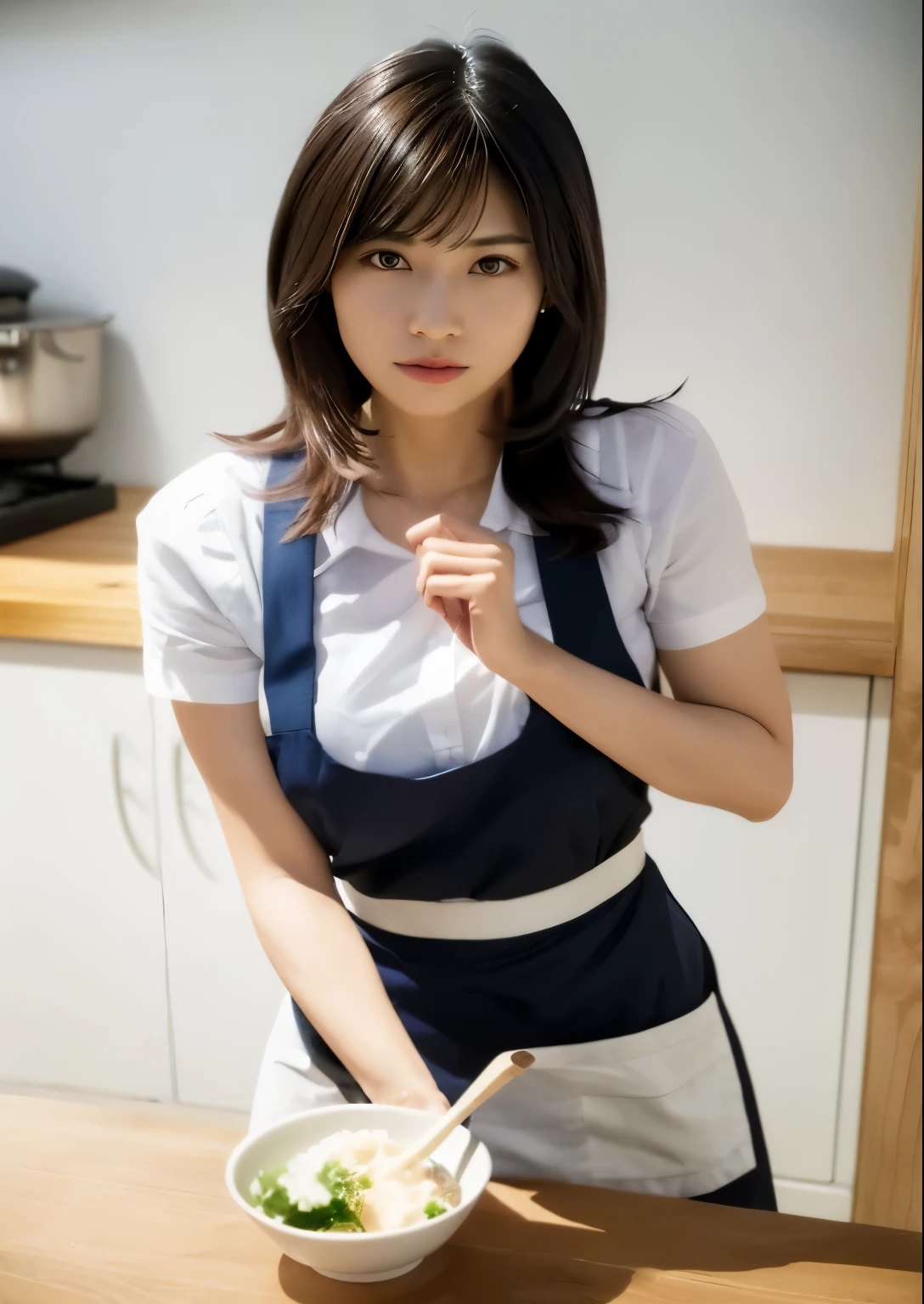 Japanese female model。20th generation。big breasts(it is~F cup)。arafed woman in a white apron standing in front of a table with a bowl of food, hanbok apron, Wearing an apron, ( waitress ) girl, seifuku, white waist apron and undershirt, Wearing RR Diner Uniform, mid shot portrait, Misato Katsuragi, Japanese model, korean woman, Japanese, iwakura lain, white apron