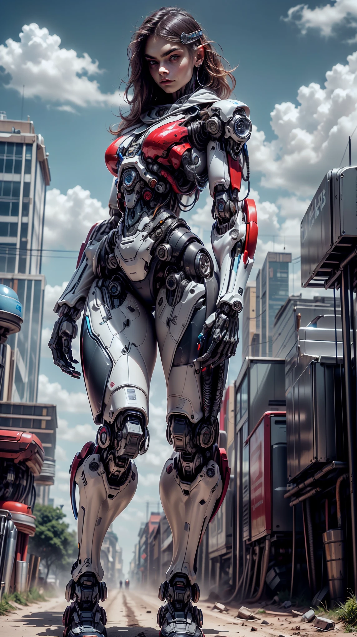 (1 girl), (beautiful cyborg queen looking at camera:1.25), (cara delevingne:1.25), (robotic mechanical physique:1.25), (full body pose:1.25), (covered in cables and mechanical muscles:1.25), (android muscular anatomy:1.25), (perfect fingers:1.25),(8k, RAW photo, photorealistic:1.25), sci fi atmosphere, futuristic Technopolis, alien landscape,