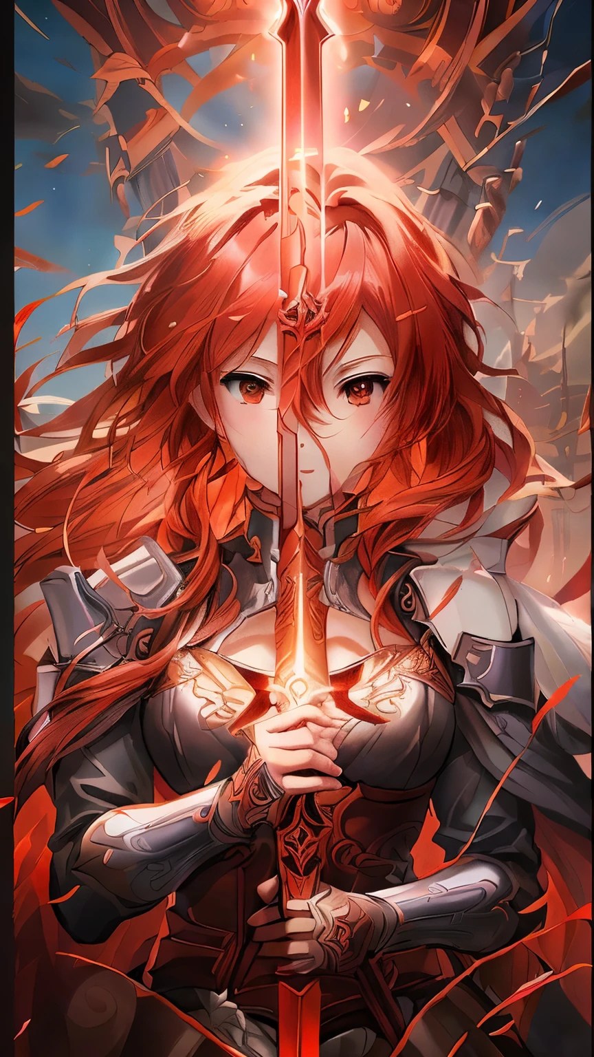 garota de anime com cabelo ruivo segurando uma espada de ferro, arte digital detalhada de anime, anime foda 8k, arte detalhada de anime, female redhead templar, papel de parede de arte de anime 8k, arte chave detalhada do anime, Papel de parede de arte anime 4k, Papel de parede de arte anime 4K, clean arte detalhada de anime, epic light novel cover art, cushart krenz arte chave feminino