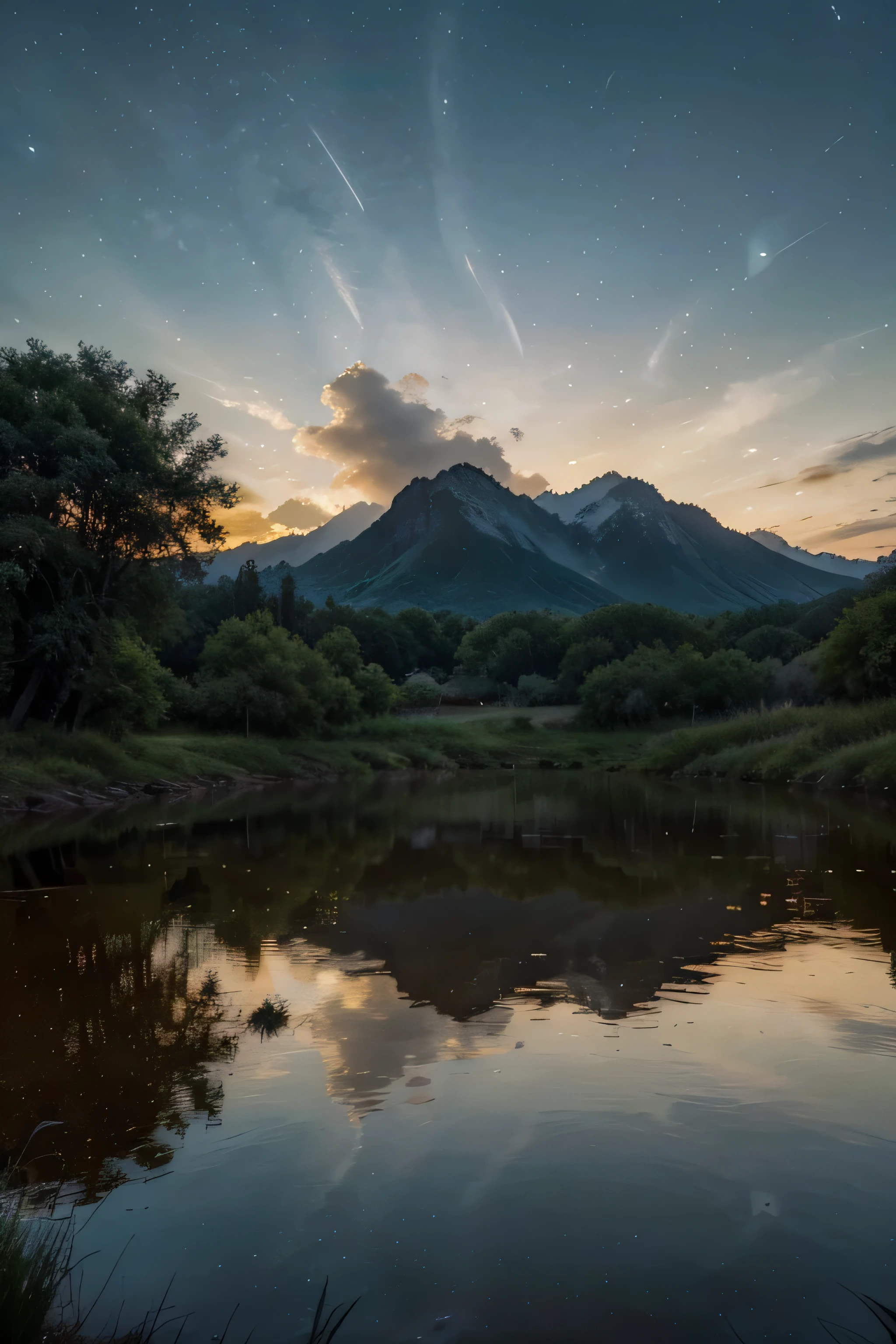 (Mejor calidad,4k,8k,high resolution,obra maestra:1.2),ultra detallado,(Realista,photoRealista,photo-Realista:1.37),HDR,HD,studio lighting,pintura ultrafina,Sharp focus,physically based rendering,extreme detailed description,profesional,escena nocturna,imagen nocturna,cautivador,inmersivo,convincing camera type: Paisaje nocturno Nikon P510,campo scene
hyper-Realista details, patrones intrincados cielo estrellado lleno de estrellas centelleantes hierba verde y exuberante, Majestic carefully textured mountains in the background, The soft moonlight creates a serene and peaceful atmosphere., quiet environment some scattered trees, their branches Swaying gently in the breeze
impressive depth of field, con objetos distantes que aparecen ligeramente borrosos, la tenue silueta de una casa distante, adding a touch of mystery
cautivador moonlit clouds, bellamente representado un suave arroyo que corre por el campo, reflejando la sutil niebla de la luz de la luna flotando sobre el suelo, creating a dreamlike effect fascinating level of realism, bringing the scene to life
meticulouattention to detail in every aspect of the image
vivid colors, realzando el impacto visual general belleza trascendente, leaving viewers in awe
the sheer artistry of the hyper-Realista representation
perfectly balanced composition, Dibujando al espectador's focus This is a surreal image taken at night with a Nikon P510 camera。La imagen muestra una escena encantadora.,Dive into it。Detalles realistas y patrones exquisitos.,Shows a escena nocturna,Hay estrellas titilantes en el cielo。Hay una pradera verde en la imagen.,La textura es delicada,The background is a magnificent mountain.,The soft moonlight adds a calm glow to the entire scene.。There are also some trees scattered in the scene.,Swaying gently in the breeze,Add a touch of mystery to the entire image。Las nubes de la imagen brillan a la luz de la luna.,Detailed rendering adds a dreamlike effect to the entire night.。La fidelidad del detalle es impresionante.,Cada detalle se maneja cuidadosamente.,Make the whole image look more vital。Los colores vibrantes mejoran el efecto visual general.,Asombroso。The art of surreal images surprises people,The composition is perfectly balanced,atraer a la audiencia'attention。