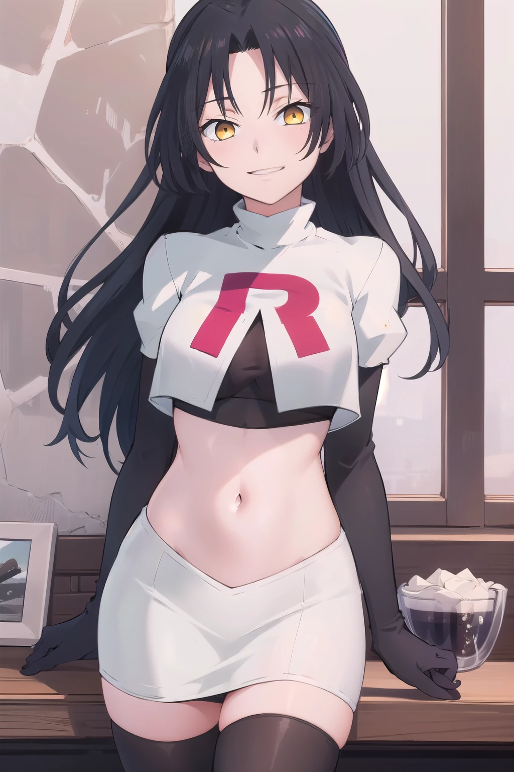 (extremely detailed CG unity 8k wallpaper),(masterpiece),(best quality),(ultra-detailed),(best illustration),(best shadow),(absurdres),  dominique, 1girl, black hair, solo, long hair, yellow eyes, smile, looking at viewer, jewelry, team rocket,team rocket uniform,white skirt,red letter R,crop top,black thigh-highs,black elbow gloves