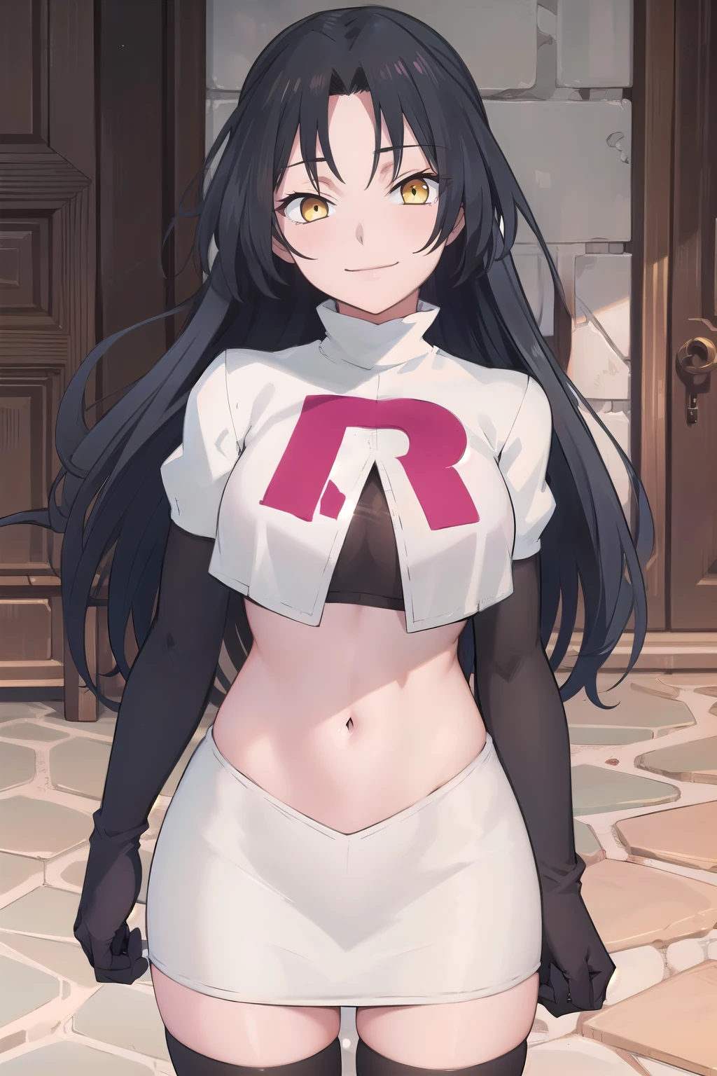 (extremely detailed CG unity 8k wallpaper),(masterpiece),(best quality),(ultra-detailed),(best illustration),(best shadow),(absurdres),  dominique, 1girl, black hair, solo, long hair, yellow eyes, smile, looking at viewer, jewelry, team rocket,team rocket uniform,white skirt,red letter R,crop top,black thigh-highs,black elbow gloves