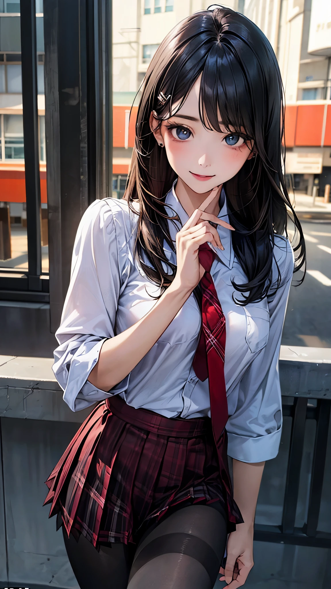 (masterpiece:1.2, top-quality), (realistic, photorealistic:1.4), beautiful illustration, (natural side lighting, movie lighting),
looking down at viewer, from below:1.2, 1 girl, japanese, high school girl, perfect face, cute and symmetrical face, shiny skin, babyface,
(long hair, straight hair, light blue hairpin, black hair), swept bangs, blue eyes, big eyes, drooping eyes, (middle breasts, seductive thighs, big ass), piercings,
beautiful hair, beautiful face, beautiful detailed eyes, beautiful clavicle, beautiful body, beautiful chest, beautiful thigh, beautiful legs, beautiful fingers, five fingers,
(((black collared shirt), red plaid pleated miniskirt, red tie), black pantyhose),
(beautiful scenery), evening, riverside, walking, (lovely smile, upper eyes),