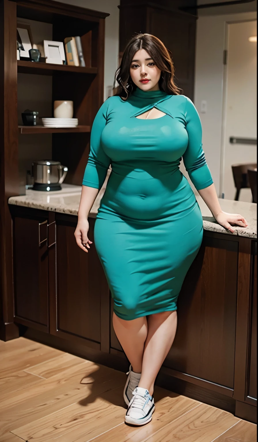 Chubby woman with fat belly and tight thighs, full body, 50-year-old mature woman, thick hips, thick neck, thick chest, big eyes, seductive , wearing muslimah dress and sneakers