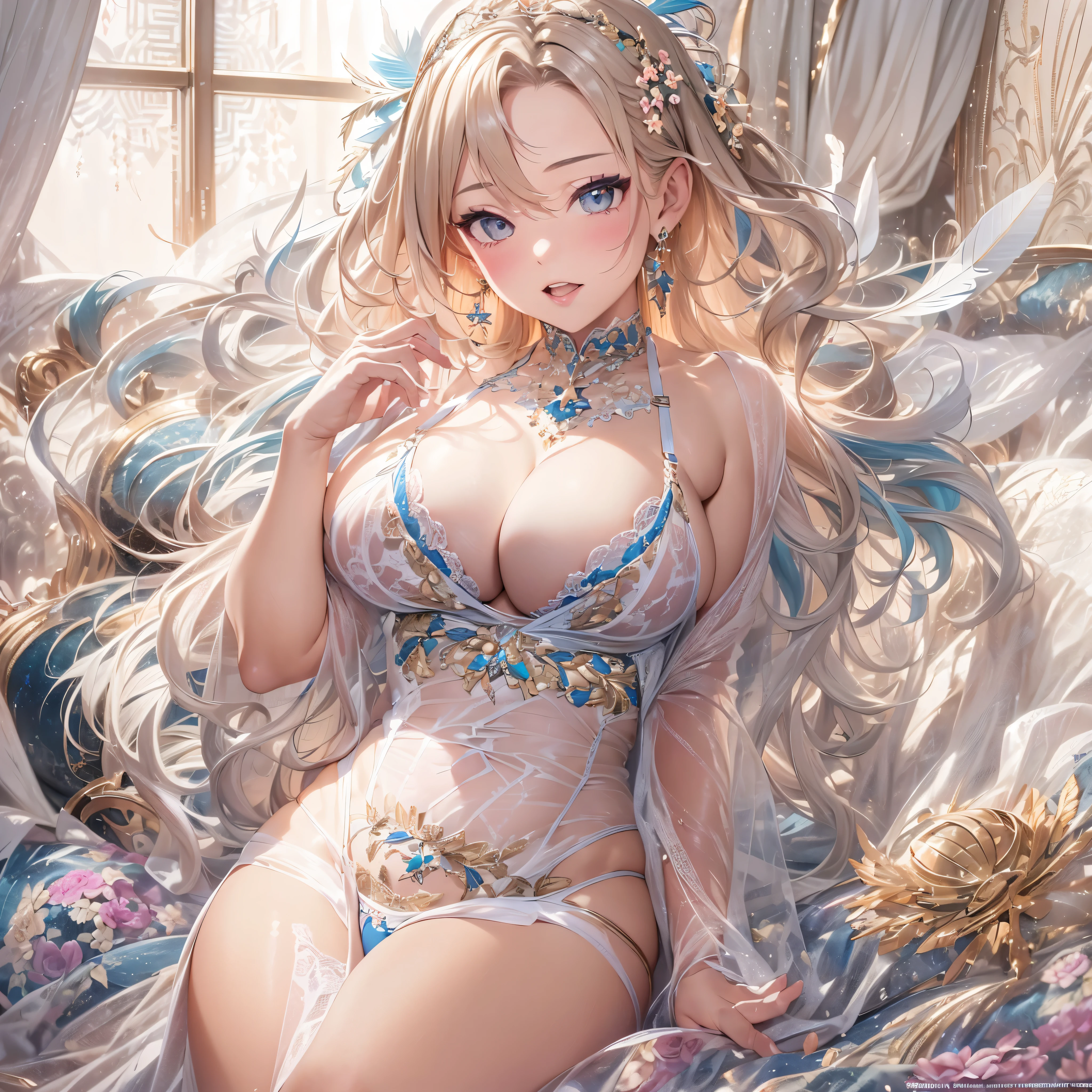 過去最高のmasterpiece、beautiful美しさ, 3D two-dimensional, rich, blonde, skirt, stockings, high heels, star、(Highly detailed CG Unity 8K wallpaper),(masterpiece), (最高quality), (超become familiar with), (best work),(best shadow), (sharp eyeliner, eye shadow, fine eye:1.1), (超High resolution,realistic,最高quality,realistic),(8K,RAW photo,最高quality,star),mature woman、sensual curves、huge breasts、thighs、bubble、お尻のmasterpiece, 最高quality, 超become familiar with, full body shot, mature woman, beautiful mature woman, nightgown and underwear, enchanting smile, thick lips, Chubby lips, blush, looking at the viewer, provocative expression, beautifulhair型, cleavage, Plump、curvy hips、attractive face、sexy lingerie、an inviting gaze、Expression of emotions、Lewd underwear、(((erotic see-through lingerie set)))、Standing position、gorgeous accessories 、big breastsの女性, bare shoulders, 金色のhair, colored feather, metal ornaments, colored flowers, particle, light, (masterpiece, 最高quality, 最高quality, official art, beautiful and aesthetic:1.2), (1 girl:1.5), 非常にbecome familiar with,(fractal art:1.1),(colorful:1.1)、(flowers:1.3),most detailed,(zentangle:1.2), (dynamic pose), (abstract background:1.3), (shiny skin), (lots of colors :1.4), ,(earrings:1.4), (feather:1.4),masterpiece, 最高quality, 超become familiar with, 30~40 years, full body shot, beautiful 、さまざまなhair型，gold headband，plump breasts，beautiful，greek clothing，Tulle covers the breasts，perfectly proportioned, detailed clothing details,marble，god statue，cinematic lighting, film grain, 8K, masterpiece, 超become familiar with, high detail, 高quality, High resolution,(((NSFW:1.2)))、exposed chest、Openwork decoration，(((see through dress)))、(((解剖学的に正しいbody))) , 最高quality, 超become familiar with, (((Lewd underwear)))、raise your butt, from below, (((R-18)))、thighs, big breasts, Are standing, cowboy shot, blush, (((1 girl))), (masterpiece:1.3), (High resolution), (8K), (非常にbecome familiar with), perfect face, Nice eye and face, (((最高quality))), (超become familiar with), detailed face and eye, (alone), beautifuleye,(((sexy pose)))、(((整ったbig breasts)))、((beautiful eye))、luxury、(((超High resolution)))、(((detailed description)))、(((ぽっちゃりbody型)))、(((解剖学的構造に一致したbodyの部位)))、beautiful長いまつ毛、バランスのとれたbody型,2 feet、Just the right size for your legs and arms、Fishnet tights、glamorous、(((Clear white and black eye)))、lipstick、Sparkling、(Undistorted face, eye, body)、jewelry、gem、(長くカールしたbeautifulまつ毛)、(((バランス良いbeautiful胸)))、(transparent, Exquisite skin:1.2)、(((完璧なglamorousボディー)))、actress face、Super beautiful、cute smile、Healing beauty、Flower shower、完璧なeye、realistic depiction、super sexy、shiny、glamorous、double eyelids、Good dark compensate、compensate、ぼやけていないeye , expensive_quality, expensive_solve, masterpiece*I wore it, whitespace, colorful, 1 girl, alone, white_hair, prism hair, [pink|green] eye, gradient eye, multicolored eye, shine eye, shine, Sparkling, shine white particles, alone、one-shot、adorable、Plump、Glossy and exquisite skin、はっきりしたeye鼻立ち、realistic eyes、whiteい肌, real human skin, (become familiar with), oval face, pore, (8K, RAW photo, realistic: 1.4), one girl, (Gentle and Goddess-like Eyes) happiness: 1.2), (lip gloss, eyelash, terrible face, 最高quality, 超High resolution, wide lighting, natural shading)、ぼやけていないeye、(((Plump face)))、cute face 、(((つやつやのshine肌)))、eyeの補正