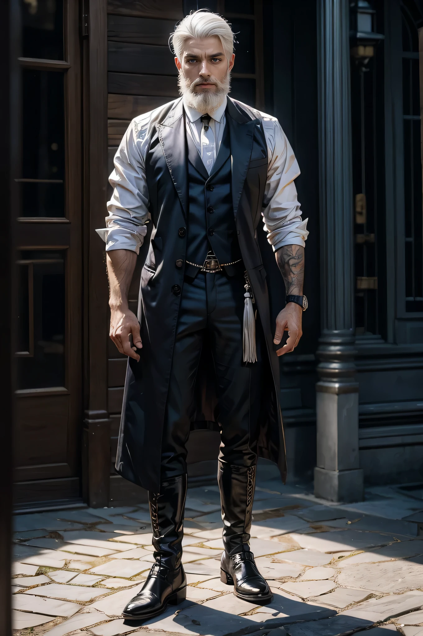 um homem com 28 anos jovial, medium white hair, barba curta e olhos amarelos expressivos, vestindo coletes pretos e botas pretas, levante-se