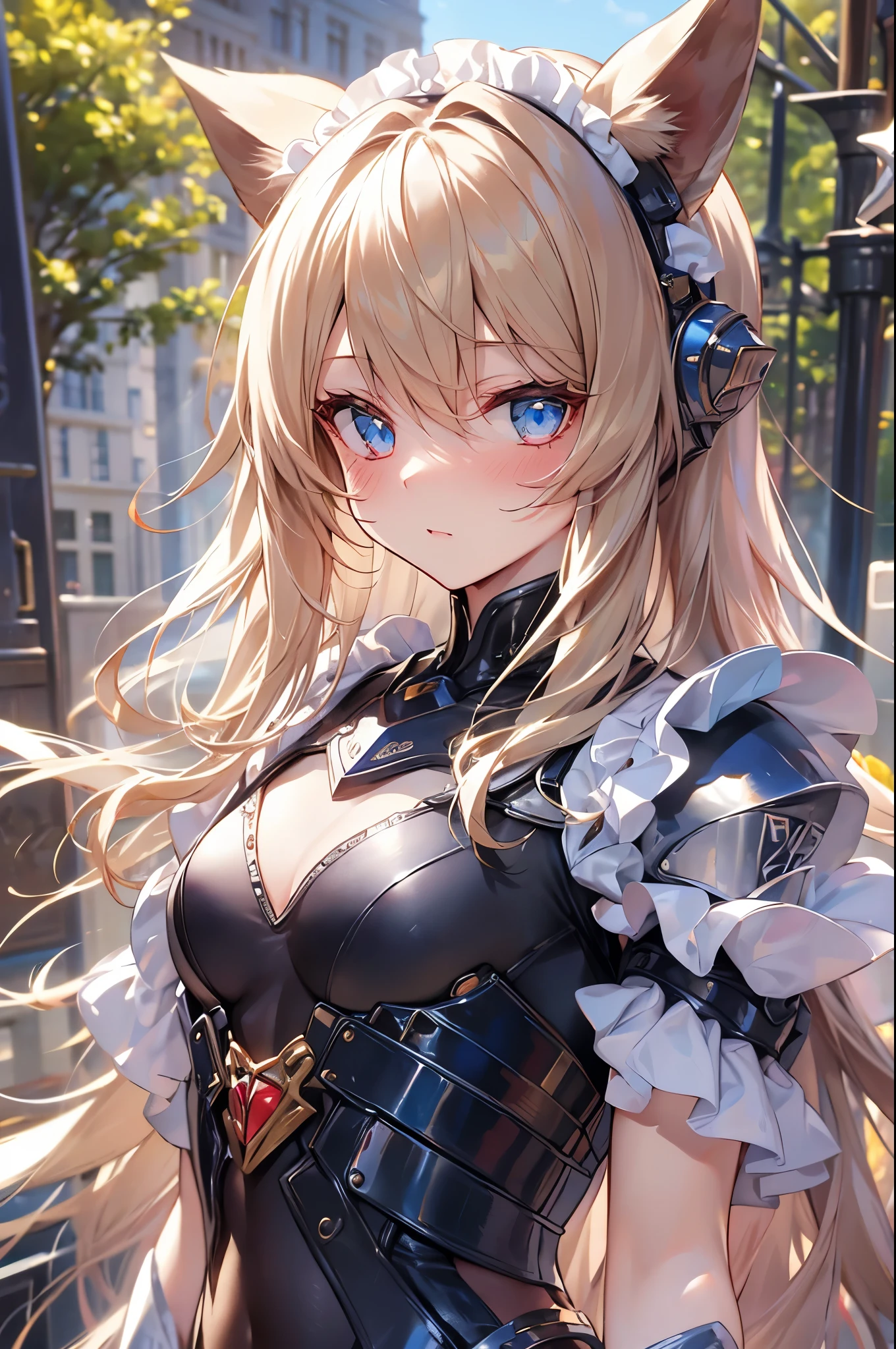 ((masterpiece、4K、8K、highest quality: 1.perfect fingers: 1.perfect anatomy: 1.3、background blur))、((Super precise expression))、,((、thin、small face、super beautiful girl、blonde、straight long hair))、((maid leotard:1.3))、cute eyes:1.1、(Blushing and embarrassed:1.3)、(Are standing、whole body:1.5)、(Summer blue sky、sunlight、Garden of the mansion、grass)、