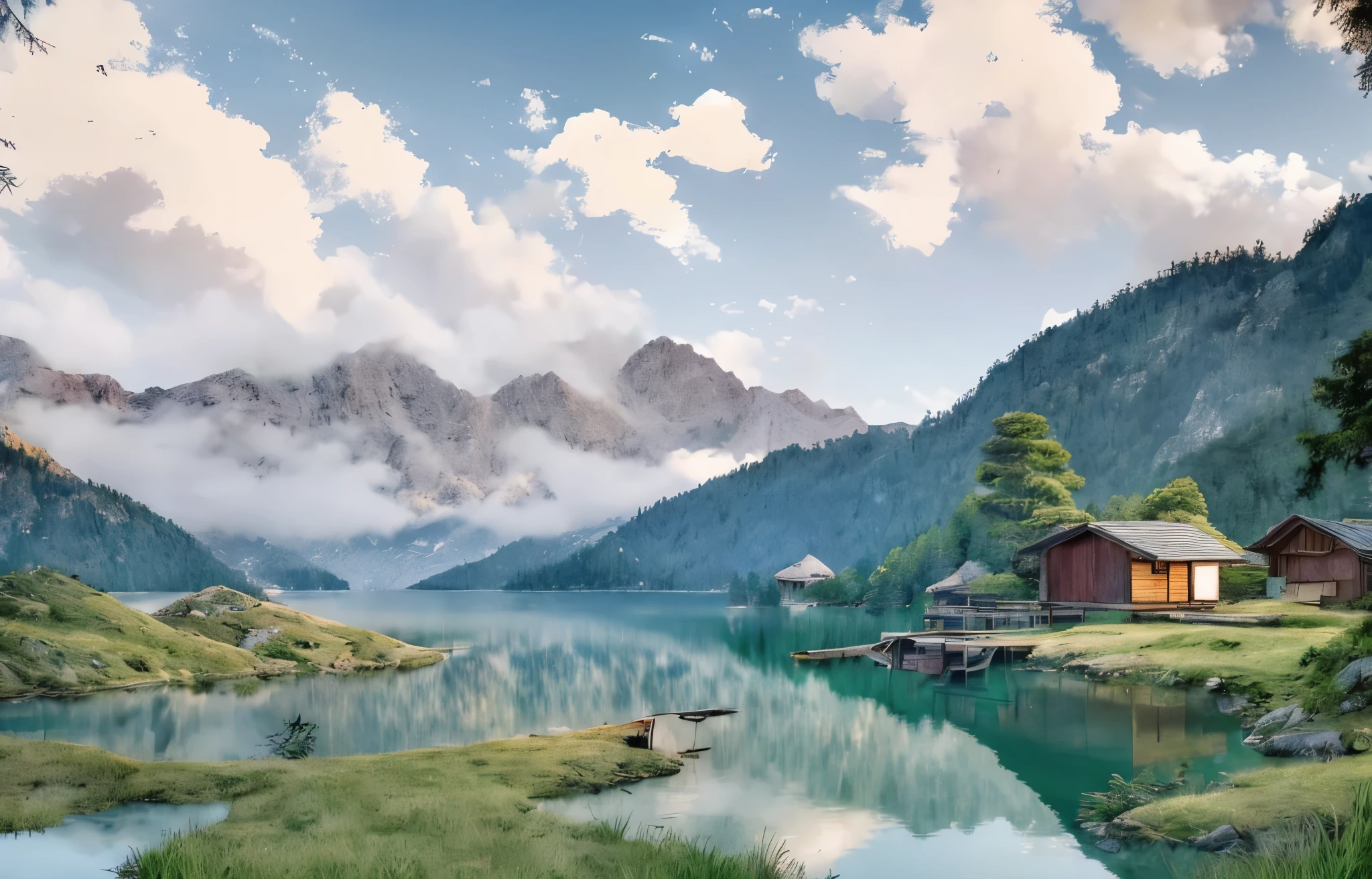 There is a photo of a mountain, a lake, and a hut on the lake., anime countryside landscape, anime background art, anime scenery, anime scenery wallpaper, anime movie background, anime scenery,
beautiful anime scenery, anime background, anime scenery concept art, studio ghibli landscape, studio glibly makoto shinkai, ghibli studio anime style, beautiful anime scene