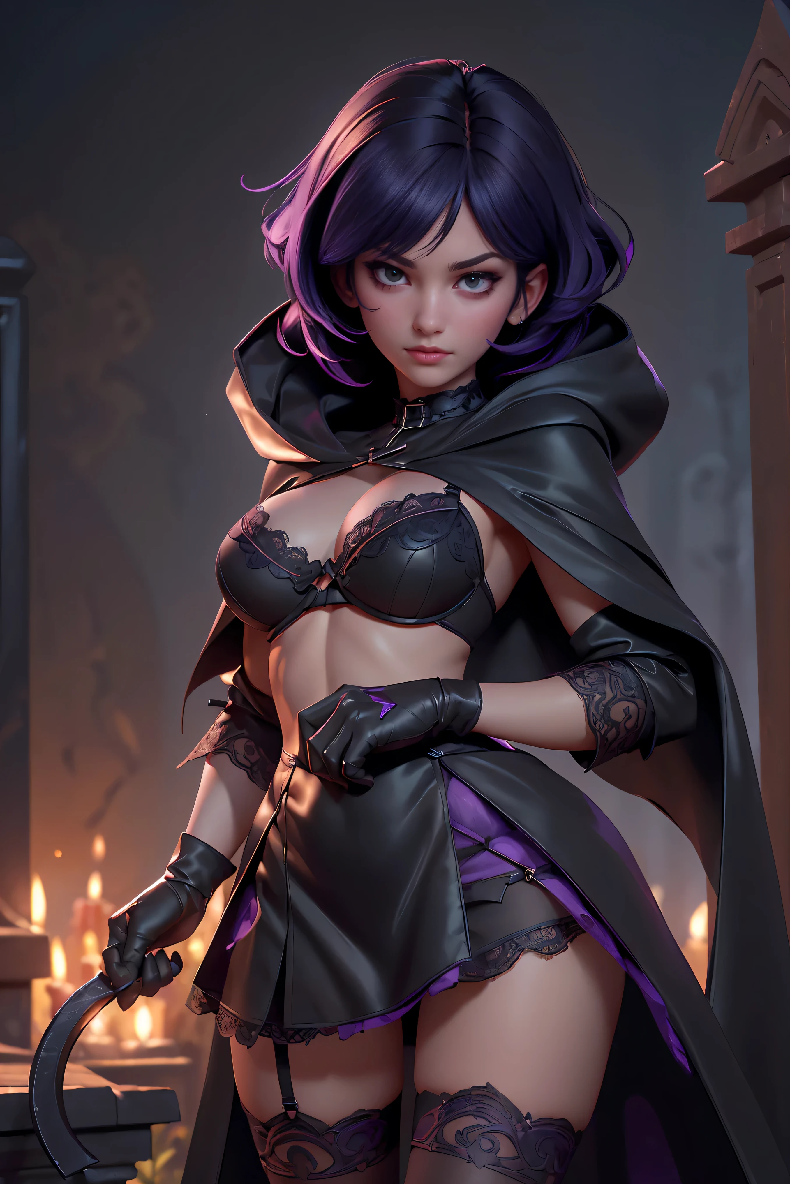 (Best Quality, (High resolution:1.2), Ultra-detailed, Realistic portrait, female necromancer, long black cloak, beautiful face, dark background, cemetery, depth of field, short black and purple hair, night time, full body, mini skirt, black stockings, lace lingerie