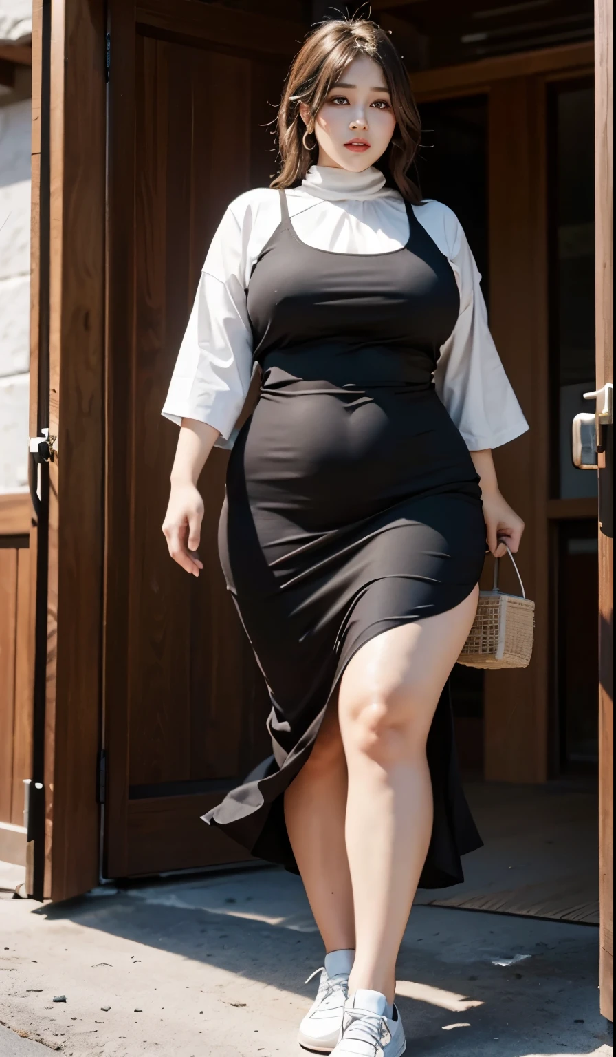 Chubby woman with fat belly and tight thighs, full body, 50-year-old mature woman, thick hips, thick neck, thick chest, big eyes, seductive , wearing muslimah dress and sneakers