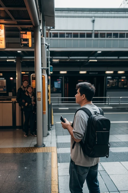 medium shot of a long shot，At dusk there is a middle-aged man with his back to the camera，He is carrying a fully packed backpack，Dragging gray suitcase in hand，Waiting for the train on the train station platform，
