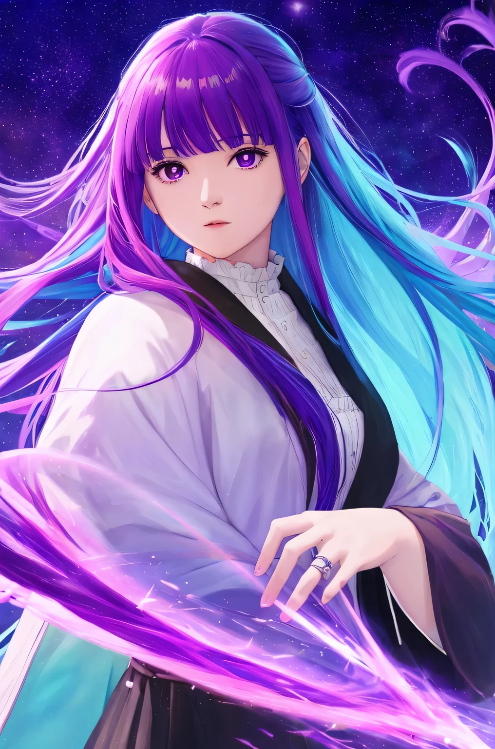 tarot card style, 1 girl, 一人in, portrait , digital illustrined, flowing hair, glowing rainbow hair, night, pastel , looking for in the camera , looking for_in_viewer, Ring lighting, rim lighting, purple eyes, dull bangs, trending on artstinion, WLOP, DS Caro 1