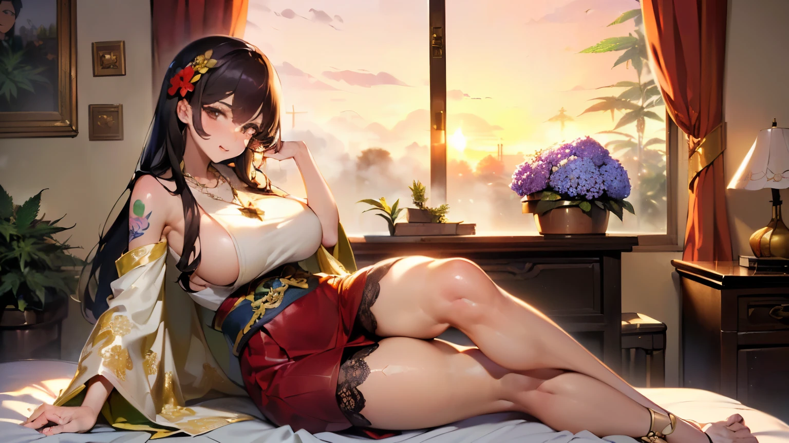 ((cheerful ((tall dark tanned ((Korean)) MILF magistrate)) sitting in bedroom while reading manuscript, (wearing opulent robes), (wearing antique lace necklace), (cannabis flower tattoos on arms and legs), plump legs spread apart, high quality photo, quietly relaxed (with copious tall cannabis sativa plants and poppy flowers and hydrangeas surrounding room during foggy sunrise)