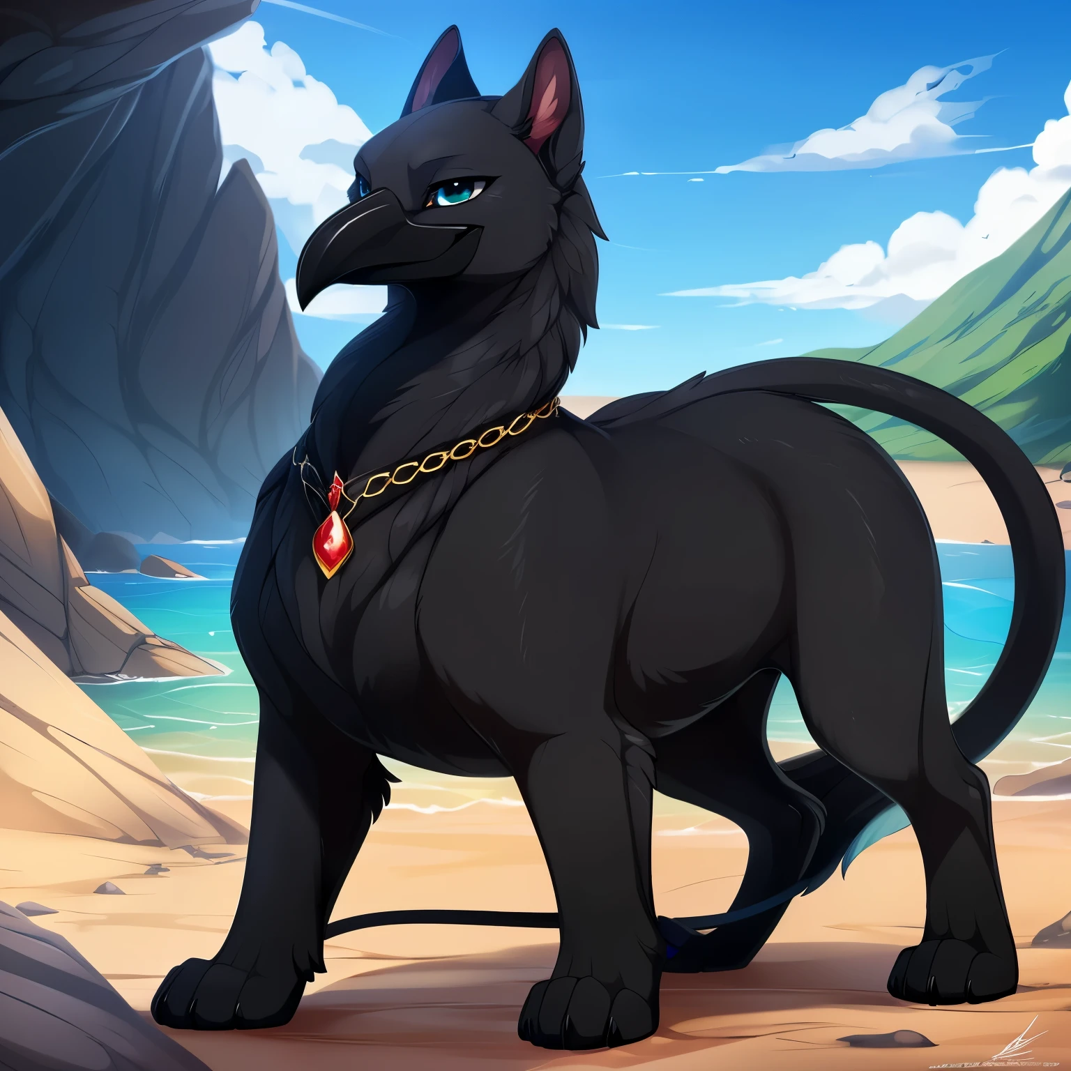 ((black_gryphon)), all_black_panther_body, (feral_quadruped), (by shikaro), (by Inno-Sjoa), (by asaneman), (by DAGASI), female, ((beyond_hyper_excessively_wide_hips)), normal_tail, (massive_hyper_labia), very_tiny_(digitigrade_feet), (long_(black_beak)), (Perfect_eyes), black_eyeshadow, sexy, seductive, 1080p, (best quality), (masterpiece),