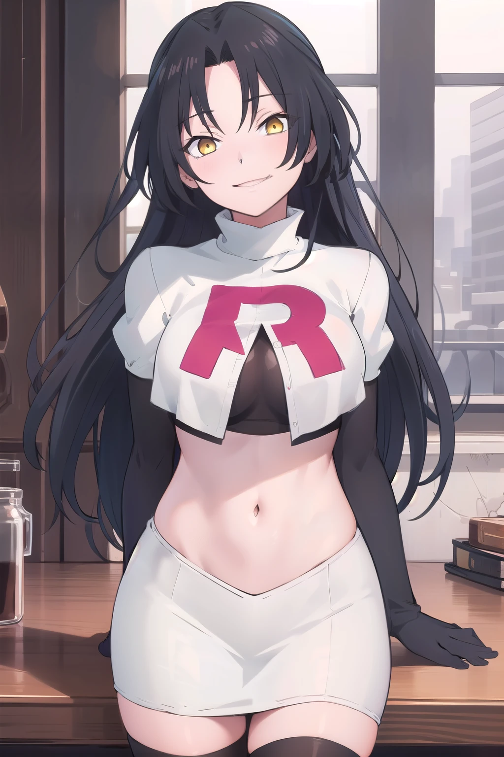 (extremely detailed CG unity 8k wallpaper),(masterpiece),(best quality),(ultra-detailed),(best illustration),(best shadow),(absurdres),  dominique, 1girl, black hair, solo, long hair, yellow eyes, smile, looking at viewer, jewelry, team rocket,team rocket uniform,white skirt,red letter R,crop top,black thigh-highs,black elbow gloves