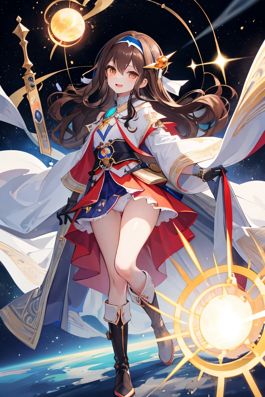 (((1girl))), ((best quality)), ((masterpiece)), ((ultra-detailed)), (illustration), (detailed light), (an extremely delicate and beautiful), (beautiful detailed eyes), (sunlight), ((extremely light)), ((extremely clothes)), (((hyper detail))),(((((front lighting))))),(((((front light))))),
((((quite adorable and feminine Master Warlock's robe with a brief skirt and magical headband)))), (((Master Warlock))),
,
(((wavy long hair))), ((((dark brown hair)))), (((long hair))),
(((deep orange eyes))),
((whole body)), aged 5 to 8, ((((())))), ((((very adorable young girl)))),
((condescending expression)), ((mischievous smile with sexual satisfaction)), (((extra adorable))), (((((extra slender shape))))),
(((((extremely beautiful detailed face))))),
(((dynamically attacking enemies by a spell of stopping the movenent of planets in space))), (((elegant magic boots))),
(Dutch angle), (((white gloves))), ((transparent magical underskirt)), a little bit exposed adorable magical panties