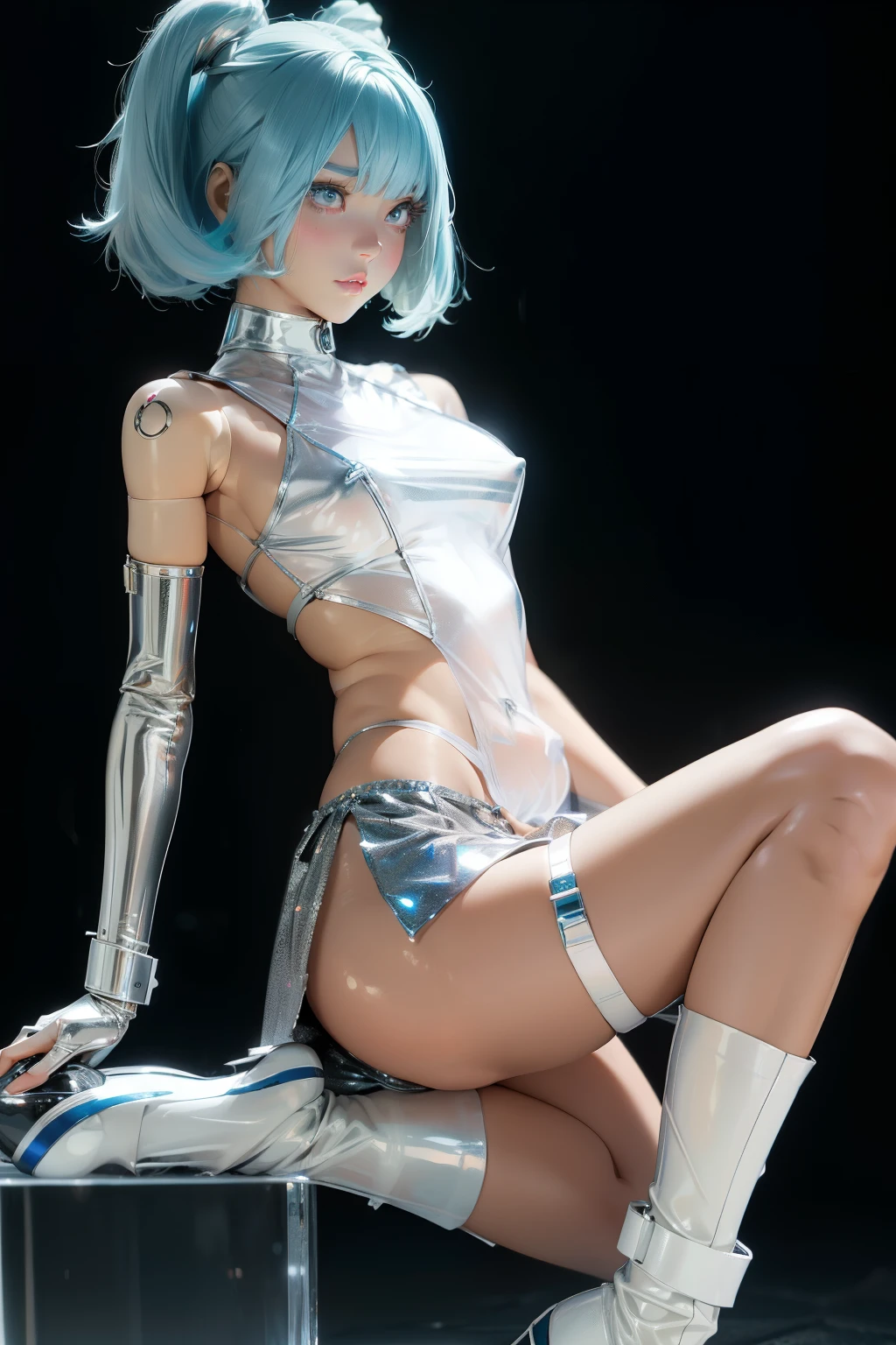 (quality)), ((masterpiece)), Recommended results、Puffy nipples、(see through:1.5)、straighten your back、abdominal muscles、huge bust、angle to floor:1.2、low camera angle、Hair loss on crotch,Hatsune Miku,(girl),charming姿态),(big breasts:1.4),Breast sagging,,Colored inner hair,short hair,ear breathing))),(((toy doll))), Manipulator:1.5)),((silver armor dress,tesla coils)),((maidennurse,白色toy doll:1.5,body:1.5,metal skin,Mechanical joint: 1.4,mechanical limbs,fat,shiny skin:1.5,bright skin: 1.5,shiny skin,very shiny skin,white shiny body,plastic glitter skin)),(lower abdomen,Yao Liu,wide hips,detailed body,(Detailed face)),charming,slutty,Tempting,Delicate metal decoration,sleeveless,mini skirt,boots,