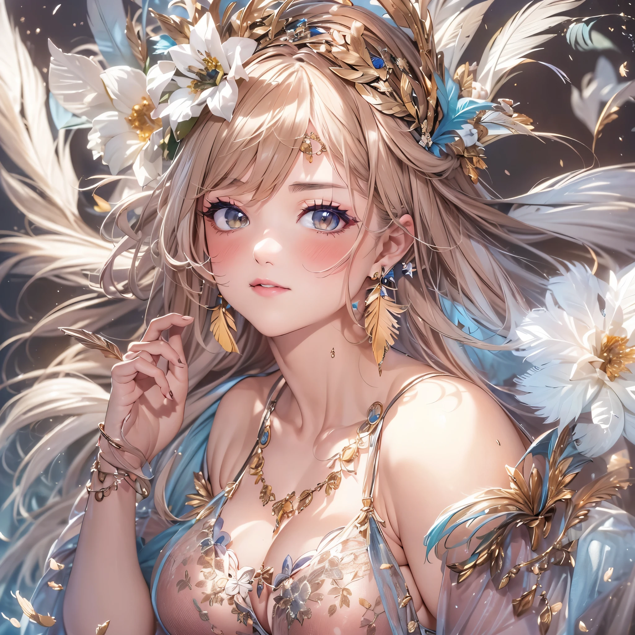 過去最高のmasterpiece、beautiful美しさ, 3D two-dimensional, rich, blonde, skirt, stockings, high heels, star、(Highly detailed CG Unity 8K wallpaper),(masterpiece), (最高quality), (超be familiar with), (best work),(best shadow), (sharp eyeliner, eye shadow, fine eye:1.1), (超High resolution,realistic,最高quality,realistic),(8K,RAW photo,最高quality,star),mature woman、sensual curves、huge breasts、thighs、bubble、お尻のmasterpiece, 最高quality, 超be familiar with, full body shot, mature woman, beautiful mature woman, nightgown and underwear, enchanting smile, thick lips, Chubby lips, blush, looking at the viewer, provocative expression, beautifulhair型, cleavage, Plump、curvy hips、attractive face、sexy lingerie、an inviting gaze、Expression of emotions、Lewd underwear、(((erotic see-through lingerie set)))、Standing position、gorgeous accessories 、big breastsの女性, bare shoulders, 金色のhair, colored feather, metal ornaments, colored flowers, particle, light, (masterpiece, 最高quality, 最高quality, official art, beautiful and aesthetic:1.2), (1 girl:1.5), 非常にbe familiar with,(fractal art:1.1),(colorful:1.1)、(flowers:1.3),most detailed,(zentangle:1.2), (dynamic pose), (abstract background:1.3), (shiny skin), (lots of colors :1.4), ,(earrings:1.4), (feather:1.4),masterpiece, 最高quality, 超be familiar with, 30~40 years, full body shot, beautiful 、さまざまなhair型，gold headband，plump breasts，beautiful，greek clothing，Tulle covers the breasts，perfectly proportioned, detailed clothing details,marble，god statue，cinematic lighting, film grain, 8K, masterpiece, 超be familiar with, high detail, 高quality, High resolution,(((NSFW:1.2)))、exposed chest、Openwork decoration，(((see through dress)))、(((解剖学的に正しいbody))) , 最高quality, 超be familiar with, (((Lewd underwear)))、raise your butt, from below, (((R-18)))、thighs, big breasts, Are standing, cowboy shot, blush, (((1 girl))), (masterpiece:1.3), (High resolution), (8K), (非常にbe familiar with), perfect face, Nice eye and face, (((最高quality))), (超be familiar with), detailed face and eye, (alone), beautifuleye,(((sexy pose)))、(((整ったbig breasts)))、((beautiful eye))、luxury、(((超High resolution)))、(((detailed description)))、(((ぽっちゃりbody型)))、(((解剖学的構造に一致したbodyの部位)))、beautiful長いまつ毛、バランスのとれたbody型,2 feet、Just the right size for your legs and arms、Fishnet tights、glamorous、(((Clear white and black eye)))、lipstick、Sparkling、(Undistorted face, eye, body)、jewelry、gem、(長くカールしたbeautifulまつ毛)、(((バランス良いbeautiful胸)))、(transparent, Exquisite skin:1.2)、(((完璧なglamorousボディー)))、actress face、Super beautiful、Cute smile、Healing beauty、Flower shower、完璧なeye、realistic depiction、Super sexy、glossy、Glamorous、double eyelids、Good dark makeup、makeup、ぼやけていないeye , expensive_quality, expensive_solve, masterpiece*I wore, whitespace, colorful, 1 girl, alone, white_hair, prism hair, [pink|green] eye, gradient eye, multicolored eye, shine eye, shine, Sparkling, shine white particles, Alone、one shot、adorable、Plump、Glossy and exquisite skin、はっきりしたeye鼻立ち、realistic eyes、whiteい肌, real human skin, (be familiar with), oval face, pore, (8K, Raw photo, realistic: 1.4), one girl, (Gentle and Goddess-like Eyes) happiness: 1.2), (lip gloss, eyelash, gross face, 最高quality, 超High resolution, wide lighting, natural shading)、ぼやけていないeye、(((Plump face)))、cute face 、(((つやつやのshine肌)))、eyeの補正