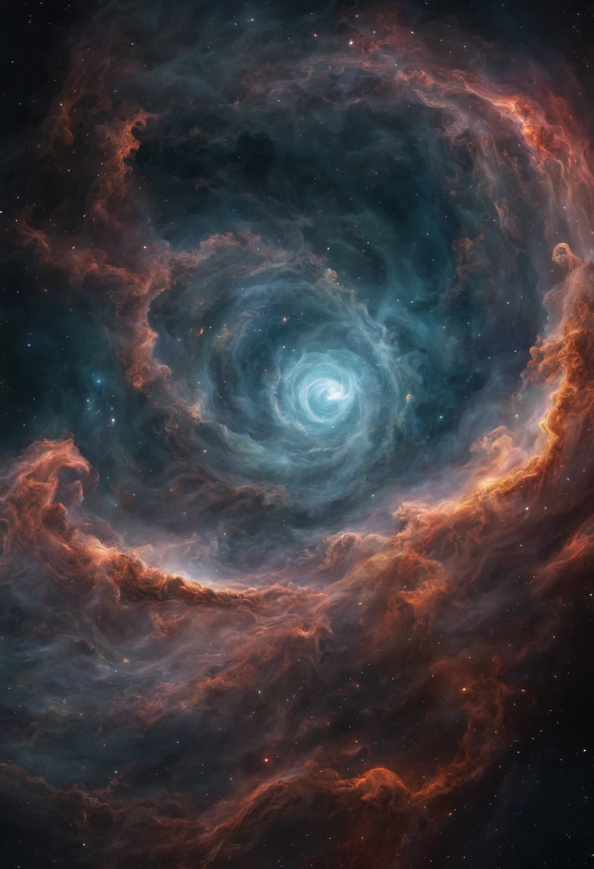 Swirling nebulae, vast dark space, cosmic fantasy, science imagery, and detailed images.