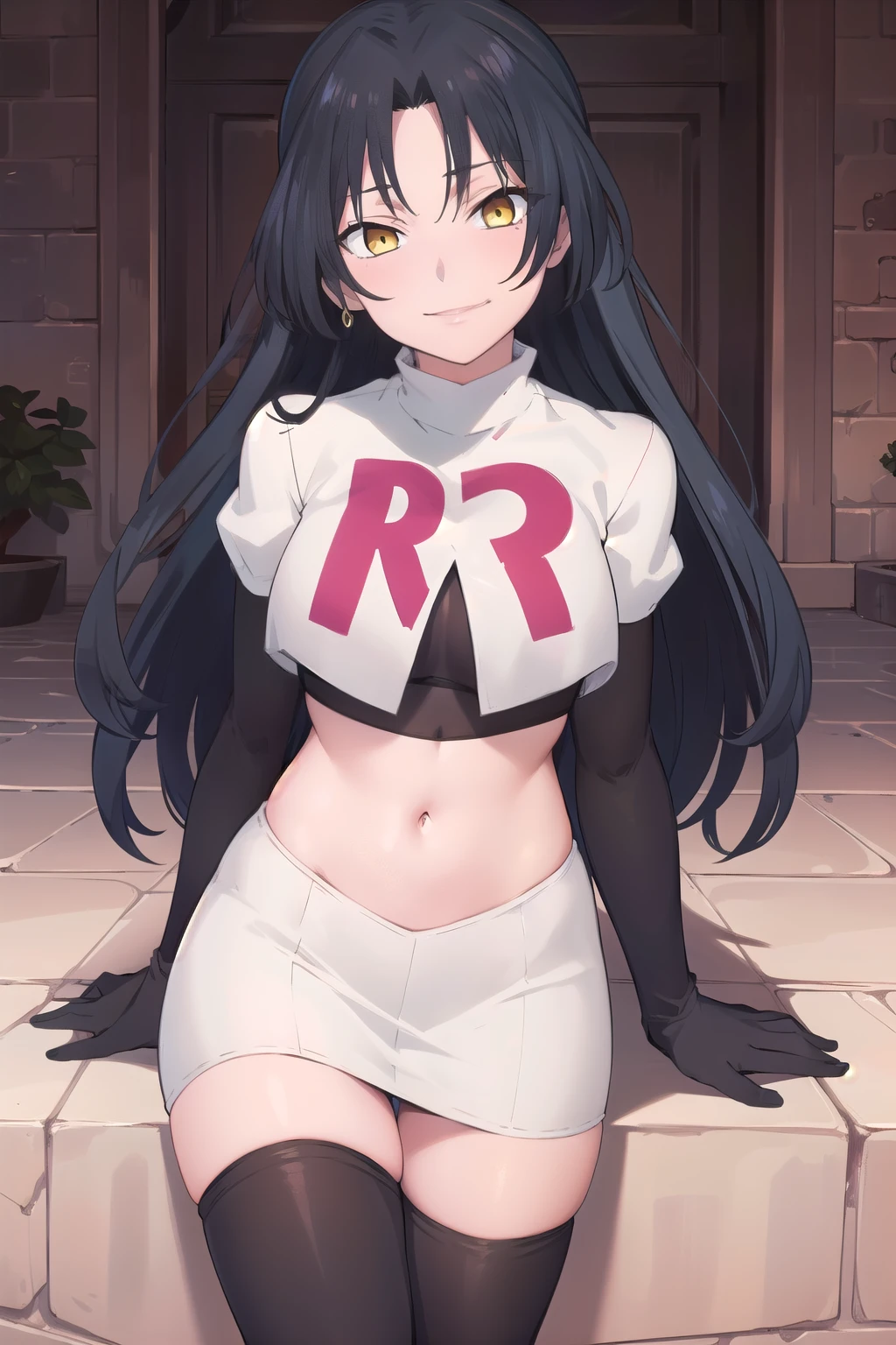 (extremely detailed CG unity 8k wallpaper),(masterpiece),(best quality),(ultra-detailed),(best illustration),(best shadow),(absurdres),  dominique, 1girl, black hair, solo, long hair, yellow eyes, smile, looking at viewer, jewelry, team rocket,team rocket uniform,white skirt,red letter R,crop top,black thigh-highs,black elbow gloves