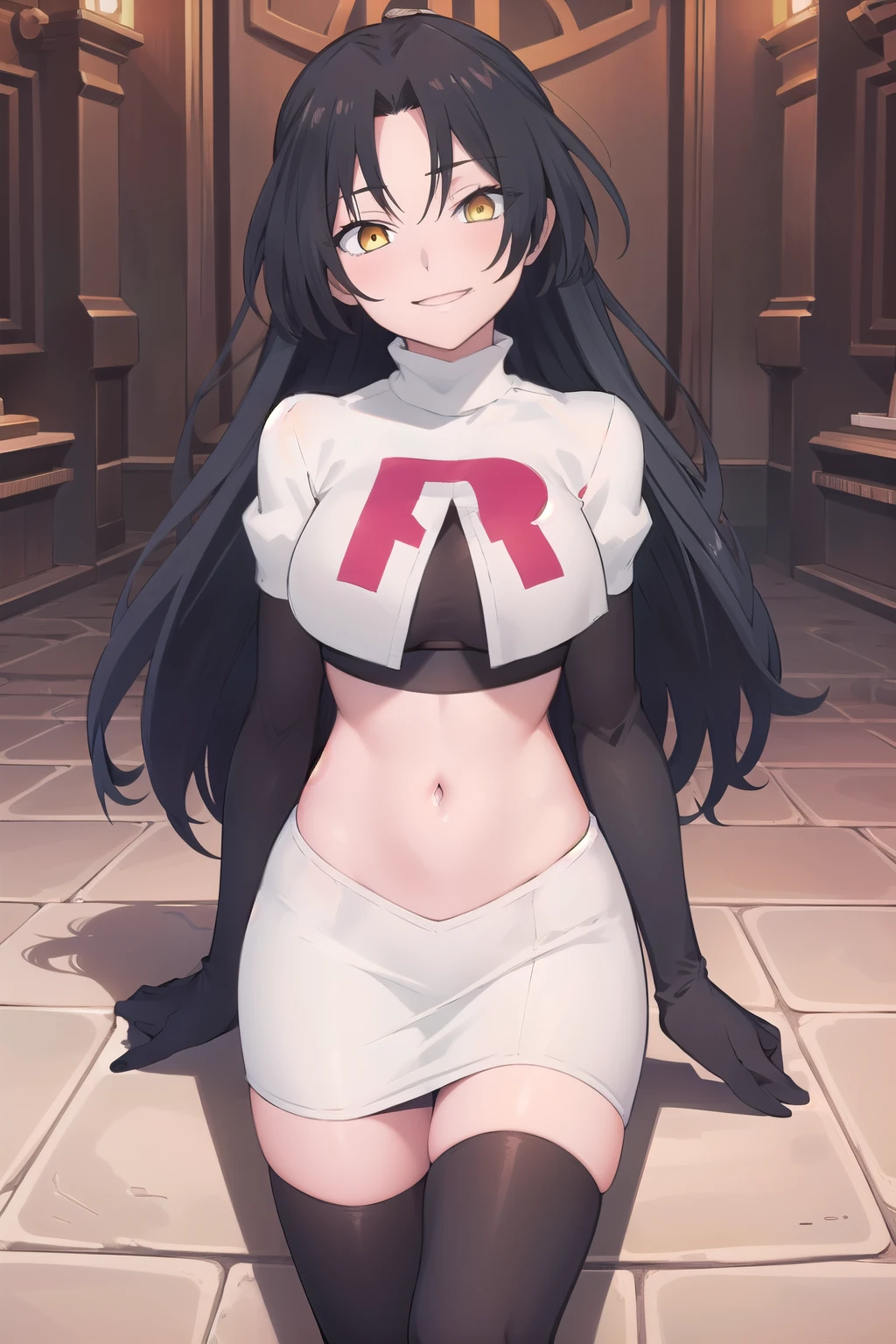 (extremely detailed CG unity 8k wallpaper),(masterpiece),(best quality),(ultra-detailed),(best illustration),(best shadow),(absurdres),  dominique, 1girl, black hair, solo, long hair, yellow eyes, smile, looking at viewer, jewelry, team rocket,team rocket uniform,white skirt,red letter R,crop top,black thigh-highs,black elbow gloves