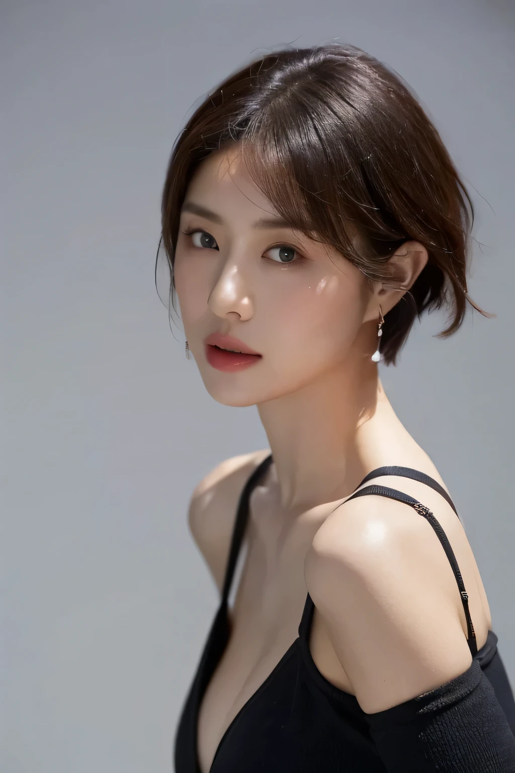 (highest quality,8K,masterpiece),studio photography,
Very beautiful Japan models,fine skin,realistic skin, lip gloss,rouge,
very short hair,pixie cut,
big earrings,bodycon,
big breasts,thighs,
big breasts,emphasize cleavage,
gray background
