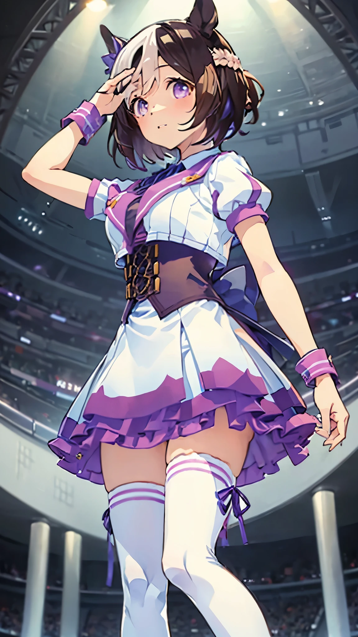 1 girl、grey_background:1.4
Special Week_\(umamusume\),  white collared shirt, Puffy short sleeves, medium hair、ribbon, bow, corset, white thighs,white skirt、white knee socks、
 asymmetrical footwear, mismatched footwear,  happiness, sing, standing, From above, law of near and far,  highest quality, dynamic angle, High resolution、armpit,