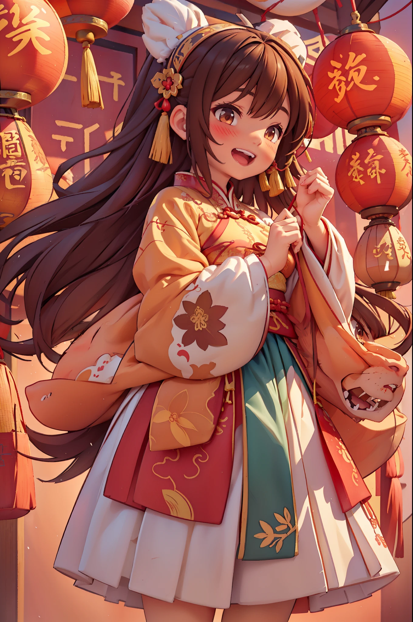 8k,original photo,(masterpiece:1.2),alone,Super detailed,Extremely detailed CG 8k wallpaper,incubation (texture),CNY,1 girl,alone,Wear traditional Chinese clothing to welcome the winter solstice festival, long hair,looking at the audience,blush,Smile,open mouth,simple background,brown hair,hair accessories,Hanfu,long sleeves,skirt,Double tail,brown eyes,Raise your hand,low Double tail,Chinese clothes,red background,Big red lanterns hung high,Holding a wishful ornament,