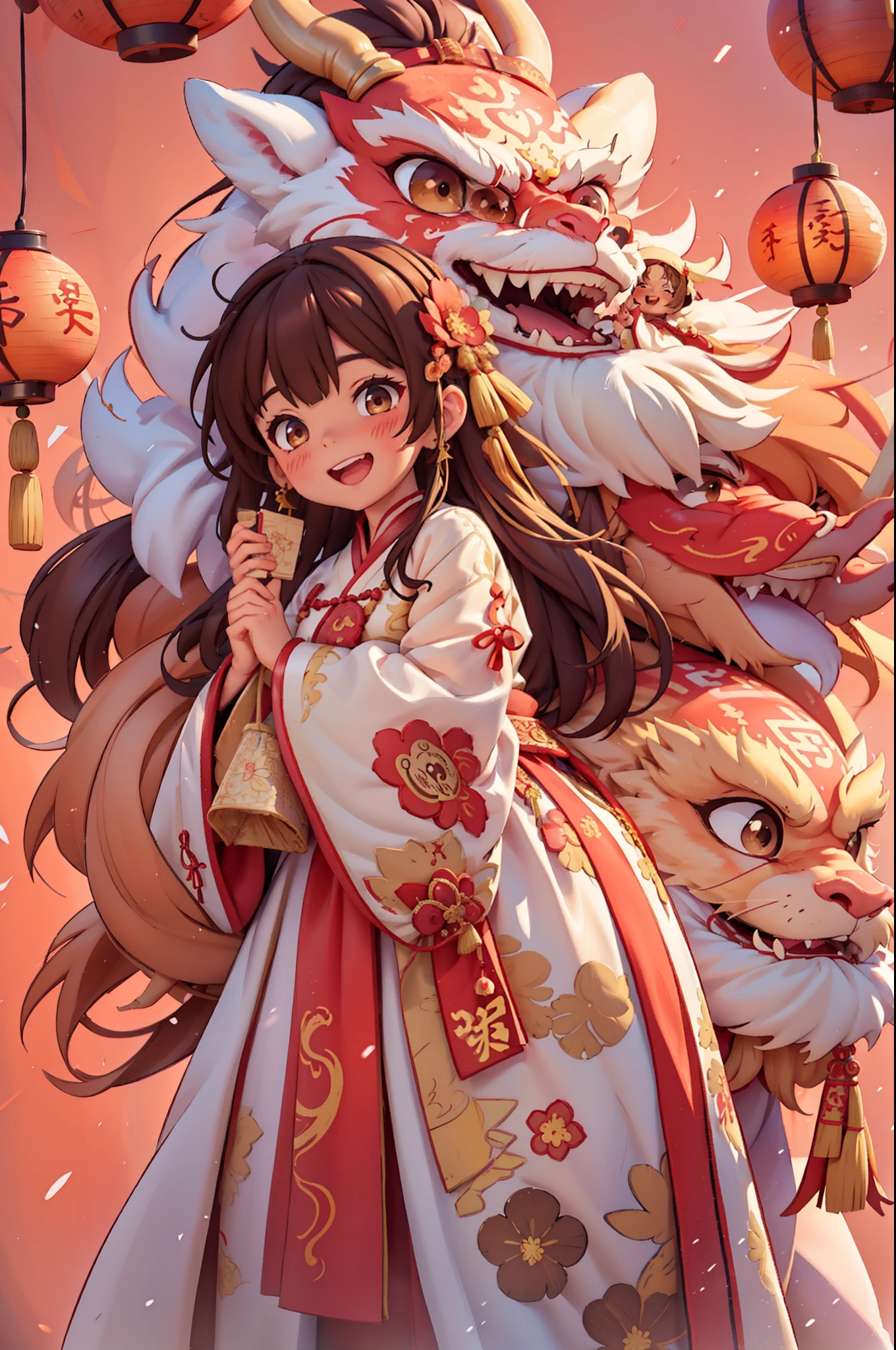 8k,original photo,(masterpiece:1.2),alone,Super detailed,Extremely detailed CG 8k wallpaper,incubation (texture),CNY,1 girl,alone,Wear traditional Chinese clothing to welcome the winter solstice festival, long hair,looking at the audience,blush,Smile,open mouth,simple background,brown hair,hair accessories,Hanfu，long sleeves,skirt,Double tail,brown eyes,Raise your hand,low Double tail,Chinese clothes,red background,Big red lanterns hung high，Holding a wishful ornament，