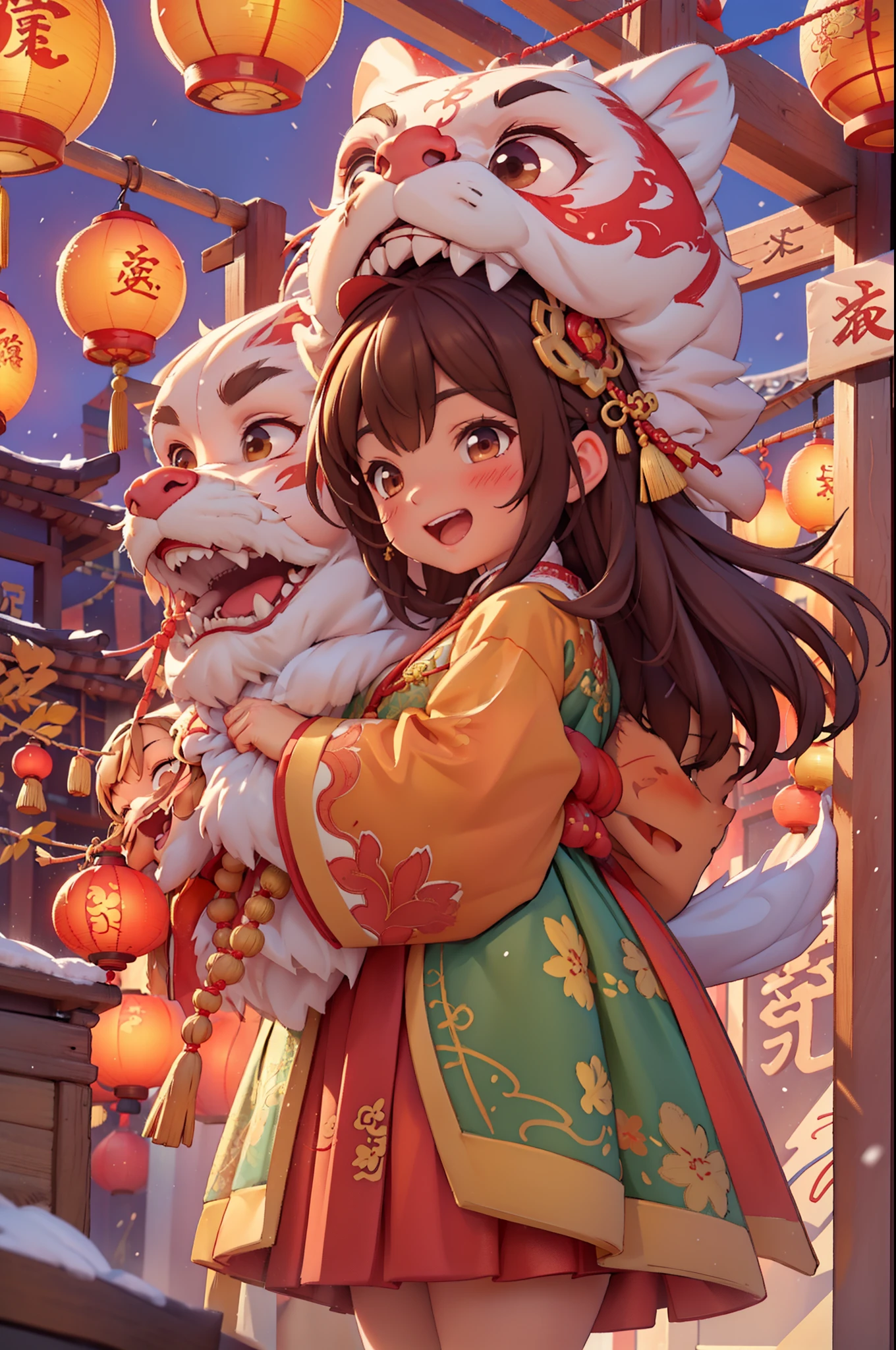 8k,original photo,(masterpiece:1.2),alone,Super detailed,Extremely detailed CG 8k wallpaper,incubation (texture),CNY,1 girl,alone,Wear traditional Chinese clothing to welcome the winter solstice festival, long hair,looking at the audience,blush,Smile,open mouth,simple background,brown hair,hair accessories,Hanfu，long sleeves,skirt,Double tail,brown eyes,Raise your hand,low Double tail,Chinese clothes,red background,Big red lanterns hung high，Holding a wishful ornament，