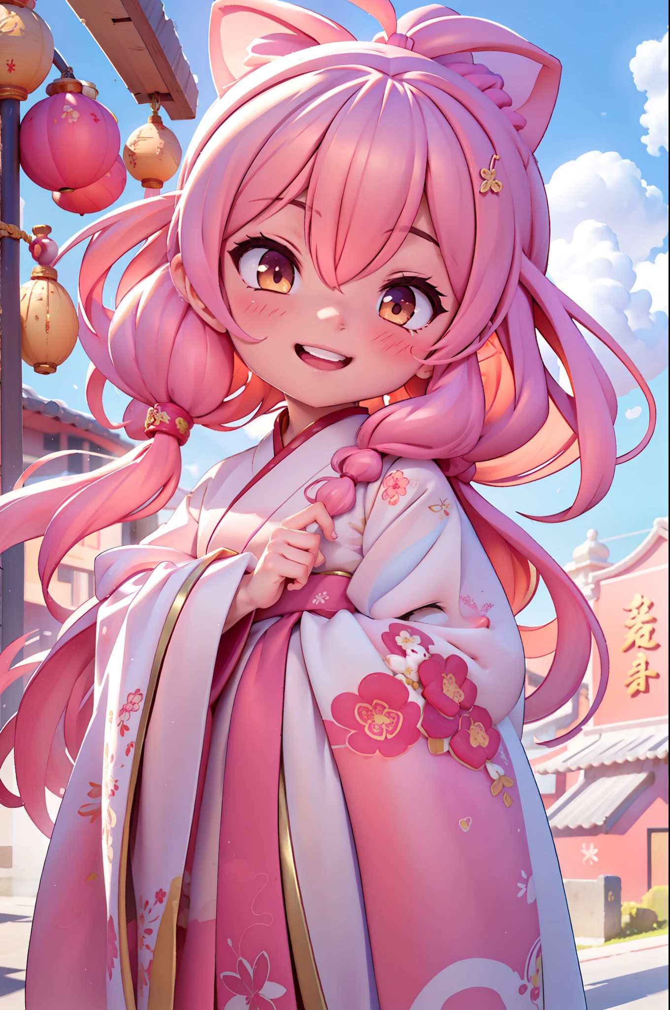 photoactual,actual,photography,masterpiece,best quality,Super detailed,Extremely detailed CG unified 8k wallpaper,1 girl,cloud,pink theme,pink white dragon,Smile，happy，Chinese Hanfu，photoactual,actual,photography,masterpiece,best quality,Super detailed,Extremely detailed CG unified 8k wallpaper,1 girl,cloud,pink theme,pink white dragon,