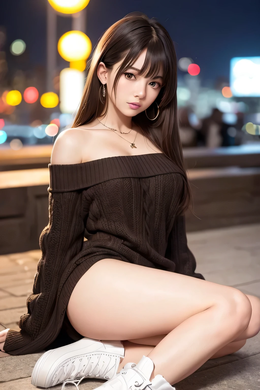 (8K, RAW photo:1.2)detailed face and eyes,highest quality, ultra high resolution, very detailed ,intricate details ,Cute girl about 20 years old, hyper detail,focus clearly on the chest, （beautiful brown hair）, （long hair）, ｟White fluffy off-shoulder knit｠、｟mini skirt｠、（black boots）（cleavage is visible）（The whole body is reflected）｟Sexy bare feet｠（random pose）（random facial expressions）｟beautiful feet｠｟The background is the city at night｠（Visible underwear and invisible underwear）
