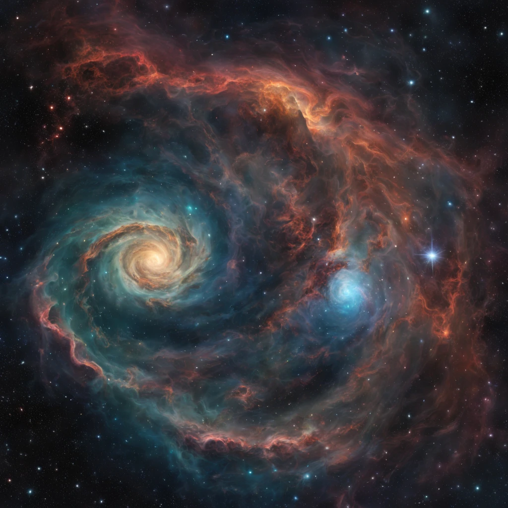 Swirling nebulae, vast dark space, cosmic fantasy, science imagery, distant views, detailed images.