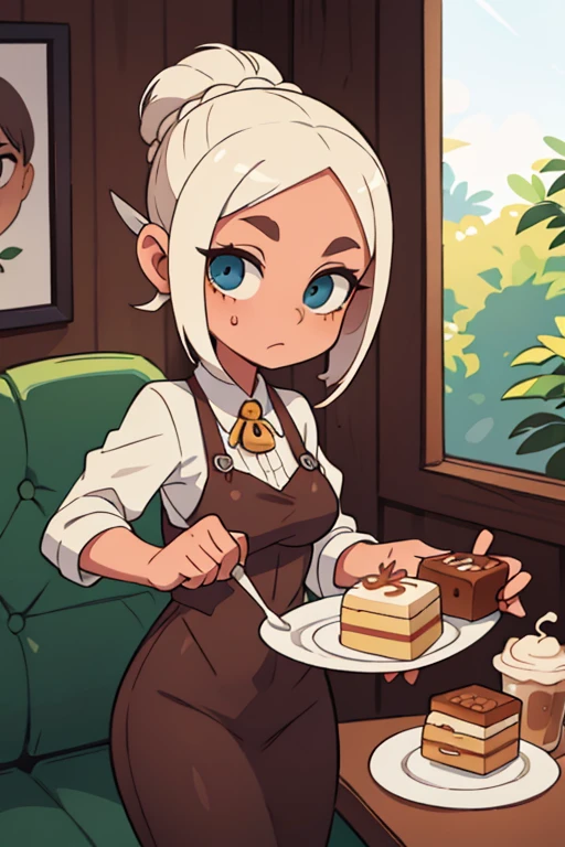 uma garota, com cabelos castanhos curtos, olhos castanho,roupa de cafeteria,coffee latte,cakes