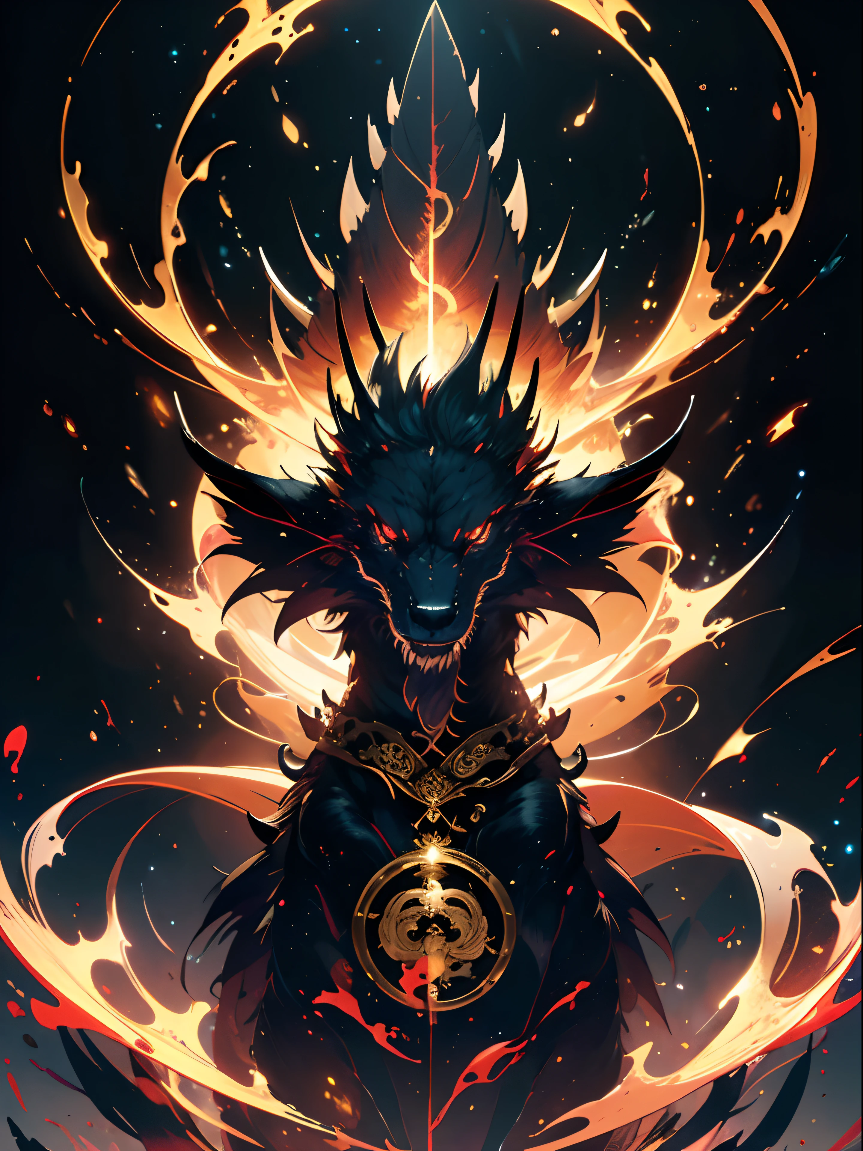 Wu-kong, Red eyes, golden features, dragon staff, golden clouds, full body, imposing, death flowers, deep black tones, {extremely detailed 8k CG unit wallpaper}, expansive landscape photography, ( a view from below focusing on the character and setting), (wide open field view), (low angle shot), (high light: 1.7), (low light: 1.3), (warm light source: 1.5) , complex details, (iridescent colors: 1.6), (bright lighting), (atmospheric lighting), Surreal, dreamy, magical