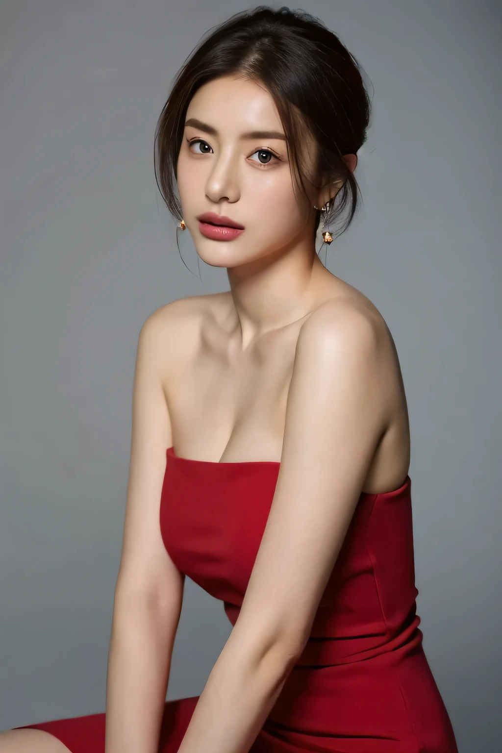 (highest quality,8K,masterpiece),studio photography,
Very beautiful Japan models,fine skin,realistic skin, lip gloss,rouge,
very short hair,pixie cut,
big earrings,bodycon,
big breasts,thighs,
big breasts,emphasize cleavage,
gray background