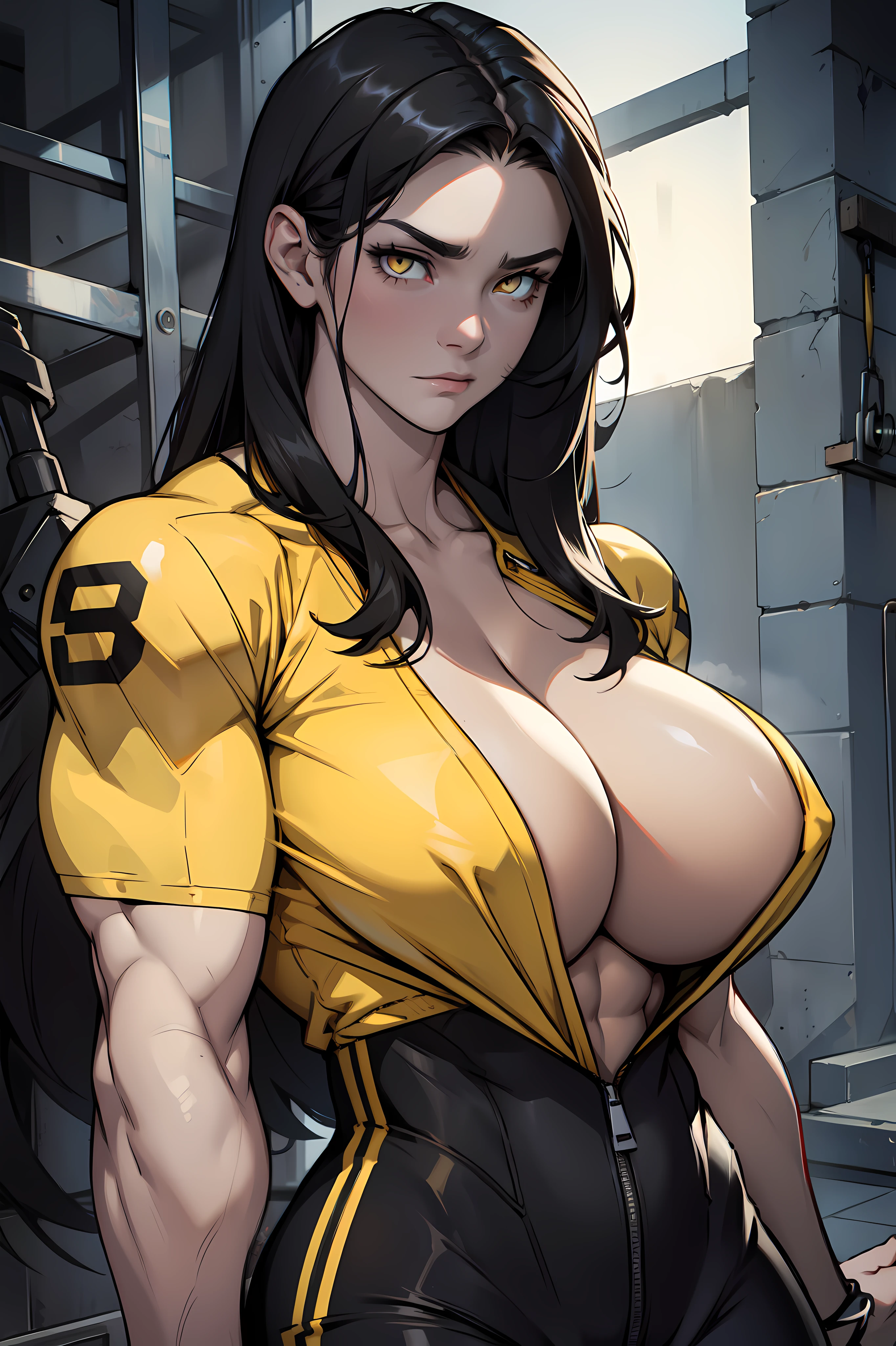 pale skin solo 1girl black hair yellow eyes sad very long hair huge tits toned body muscular bodybuilder