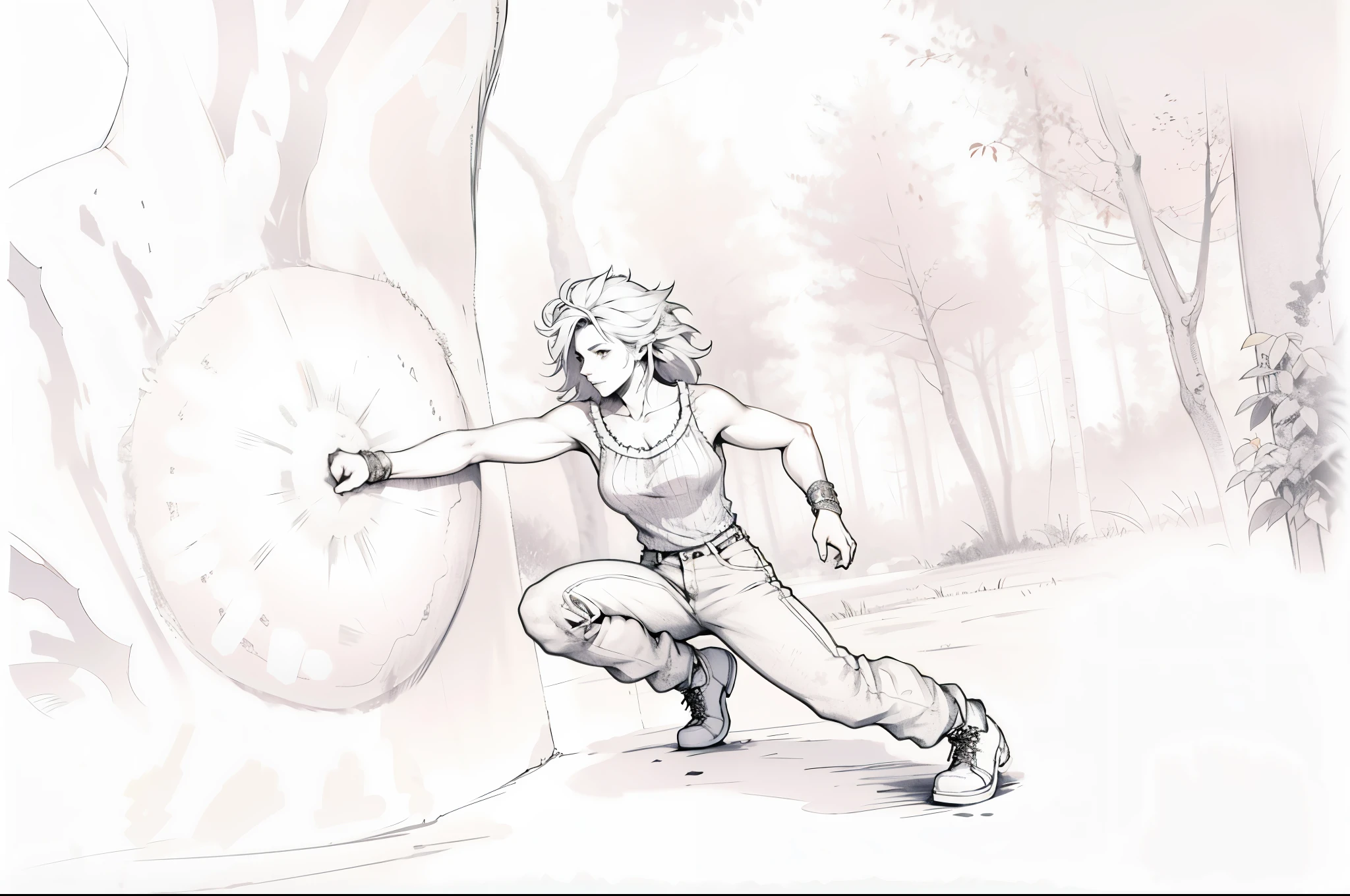 dessin à la main, dessin d'une femme qui fait un coup de poing direct dans un rocher à la montagne, pièce conceptuelle, femme musclée, spiky sivler hair, tenue de randonnée, top tank, jean pants, un feu de camp et tronc d'arbre couché aux loin près des sapins, pose de combat, Pose d’action épique, Pose de perspective dynamique, Pose d’action héroïque, style artistique inconnu, pose badass, aux flambeaux. pose d'attaque