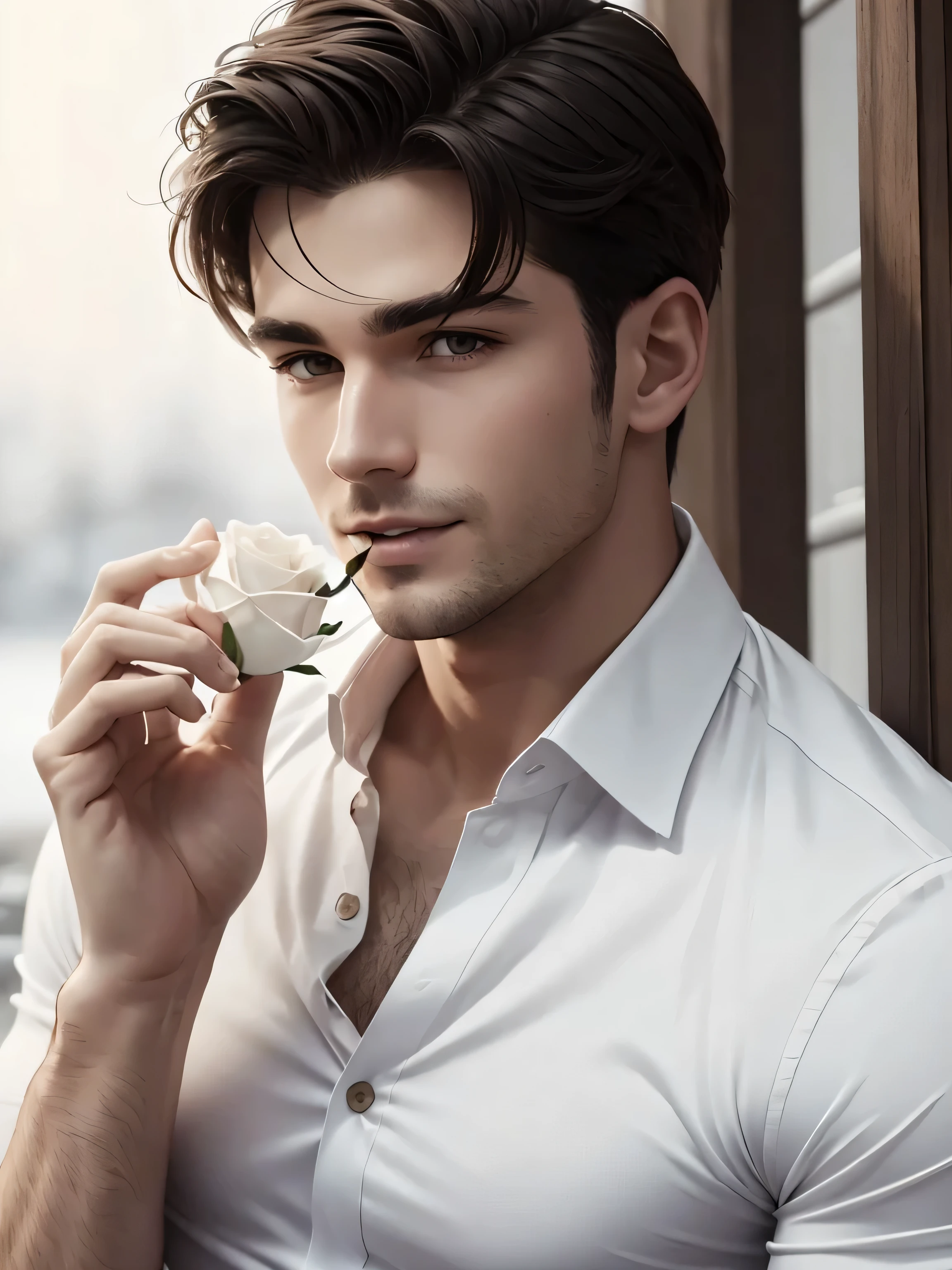 A jock wearing a white, unbuttoned shirt and a rose in his tooth.