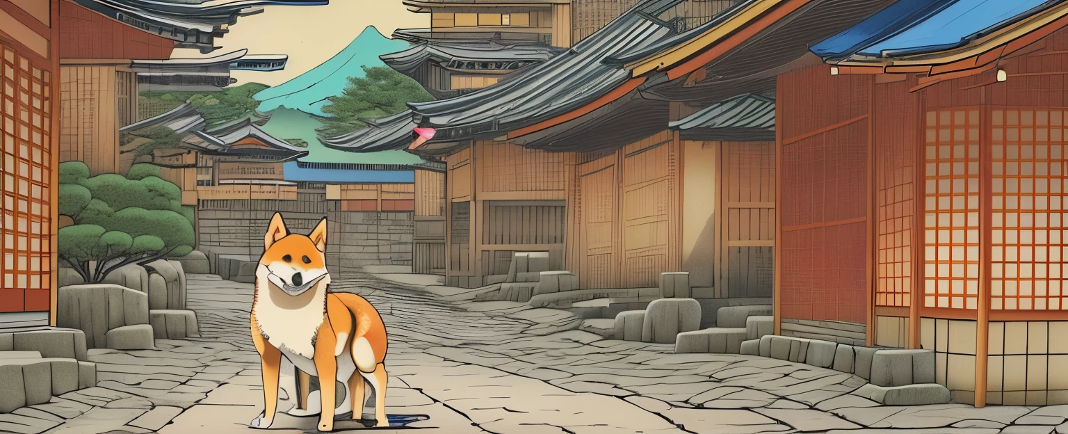 A Shiba Inu in a Japanese street, author:Shimizu Yuko, Katsushika Hokusai style, inspired author:Shimizu Yuko